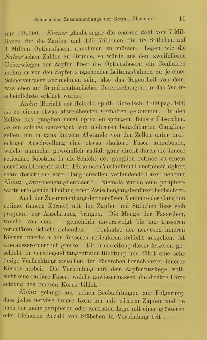 nur 438,000. Krause glaubt sogar die enorme Zahl von 7 Mil- lionen für die Zapfen und 130 Millionen für die Stäbchen auf 1 Million Opticusfasern annehmen zu müssen. Legen wir die Salzer sehen Zahlen zu Grunde, so würde aus dem zweifellosen Ueberwiegen der Zapfen über die Opticusfasern ein Confluiren mehrerer von den Zapfen ausgehender Leitungsbahnen zu je einer Sehnervenfaser anzunehmen sein, also das Gegentheil von dem, was oben auf Grund anatomischer Untersuchungen für das Wahr- scheinlichste erklärt wurde. Kuhnt (Bericht der Heidelb. ophth. Gesellsch. 1889 pag. 164) ist zu einem etwas abweichenden Verhalten gekommen. In den Zellen des ganglion nervi optici entspringen feinste Fäserchen. Je ein solches convergirt von mehreren benachbarten Ganglien- zellen, um in ganz kurzem Abstände von den Zellen unter drei- eckiger Anschwellung eine etwas stärkere Faser aufzubauen, welche nunmehr, gewöhnlich radial, ganz direkt durch die innere reticuläre Substanz in die Schicht des ganglion retinae zu einem nervösen Elemente zieht. Diese nach Verlauf und Functionsfähigkeit charakteristische, zwei Ganglienzellen verbindende Faser benennt Kuhnt „Zwischenganglienfaser. Niemals wurde eine peripher- wärts erfolgende Theilung einer Zwischenganglienfaser beobachtet. Auch der Zusammenhang der nervösen Elemente des Ganglion retinae (innere Körner) mit den Zapfen und Stäbchen liess sich prägnant zur Anschauung bringen. Die Menge der Fäserchen, welche von dem — gemeinhin unverzweigt bis zur äusseren reticulären Schicht ziehenden — Fortsatze der nervösen inneren Körner innerhalb der äusseren reticulären Schicht ausgehen, ist eine ausserordentlich grosse. Die Ausbreitung dieser letzeren ge- schieht in vorwiegend tangentialer Richtung und führt eine sehr innige Verflechtung zwischen den Fäserchen benachbarter innerer Körner herbei. Die Verbindung mit dem Zapfenfusskegel voll- zieht eine radiäre Faser, welche gewissermassen die direkte Fort- setzung des inneren Korns bildet. Kuhnt gelangt aus seinen Beobachtungen zur Folgerung, dass jedes nervöse innere Korn nur mit einem Zapfen und je nach der mehr peripheren oder zentralen Lage mit einer grösseren oder kleineren Anzahl von Stäbchen in Verbindung tritt.