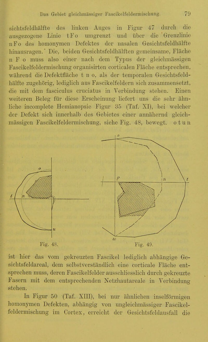 sichtsfeldhälfte des linken Auges in Figur 47 durch die ausgezogene Linie tFo inngrenzt und über die 'Grenzlinie 11F0 des homonymen Defektes der nasalen Gesichtsfeldhiilfte hinausragen. * Die, beiden Gesichtsfeldhälften gemeinsame, Fläche n F o mnss also einer nach dem Typus der gleichmässigen Fascikelfeldermischung organisirten corticalen Fläche entsprechen, während die Defektfiäche t n o, als der temporalen Gesichtsfeld- hälfte zugehörig, lediglich aus Fascikelfeldern sich zusammensetzt, die mit dem fasciculus cruciatus in Verbindung stehen. Einen weiteren Beleg für diese Erscheinung liefert uns die sehr ähn- liche incomplete Hemianopsie Figur 35 (Taf. XI), bei welcher der Defekt sich innerhalb des Gebietes einer annähernd gleich- mässigen Fascikelfeldermischung, siehe Fig. 48, bewegt, o t u n Li. Fig. 48. Fig. 49. ist hier das vom gekreuzten Fascikel lediglich abhängige Ge- sichtsfeldareal, dem selbstverständlich eine corticale Fläche ent- sprechen muss, deren Fascikelfelder ausschliesslich durch gekreuzte Fasern mit dem entsprechenden Netzhautareale in Verbindung stehen. In Figur 50 (Taf. XIII), bei nur ähnlichen inselförmigen homonymen Defekten, abhängig von ungleichmässiger Fascikel- feldermischung im Cortex, erreicht der Gesichtsfeldausfall die