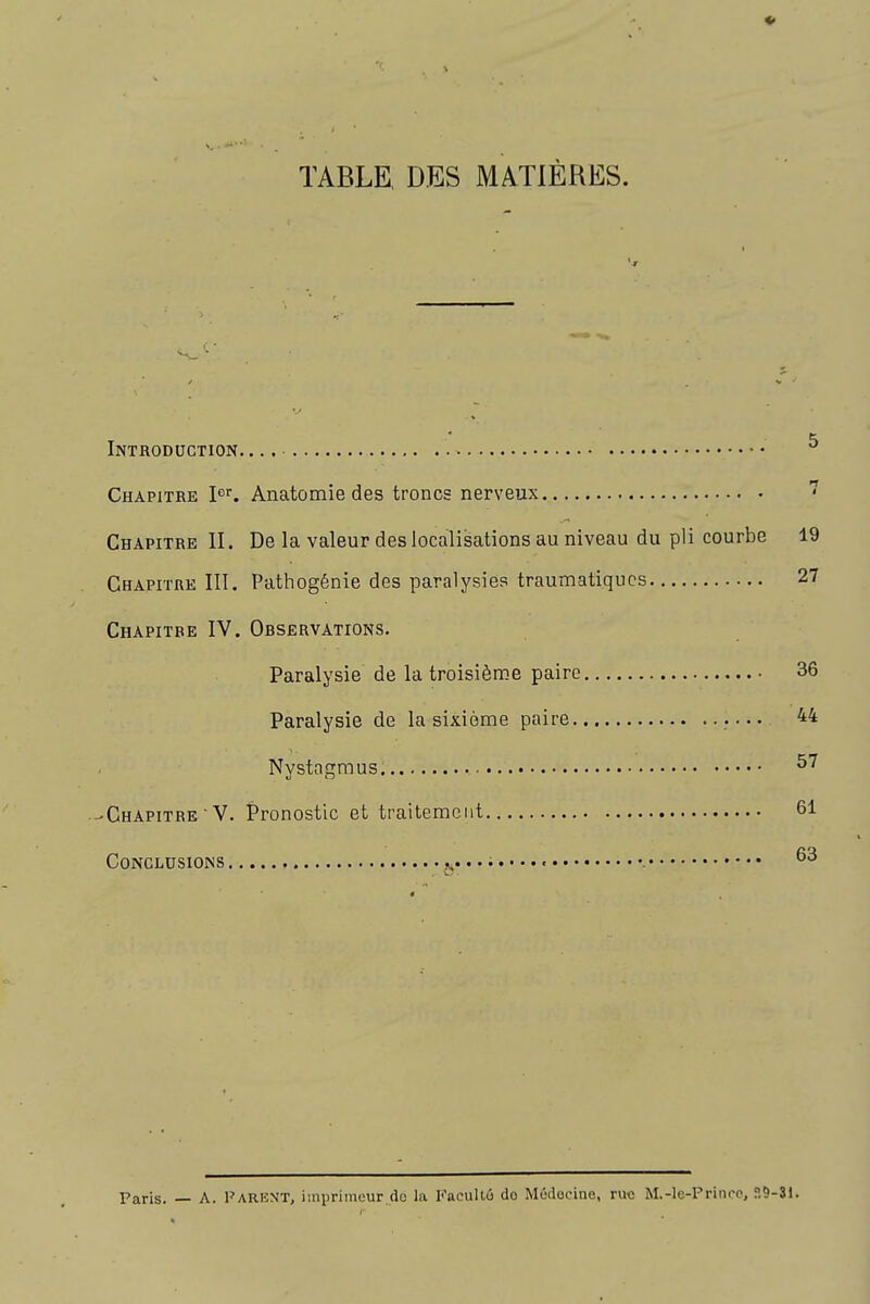 TABLE, DES MATIÈRES. Introduction.... ^ Chapitre P^. Anatomie des troncs nerveux Chapitre II. De la valeur des localisations au niveau du pli courbe 19 Chapitre III. Pathogénie des paralysies traumatiqucs 27 Chapitre IV. Observations. Paralysie de la troisième paire 36 Paralysie de la sixième paire 44 Nystagmus ^'^ -Chapitre V. Pronostic et traitement 61 Conclusions v* Paris. — A. Parent, imprimeur do la Kacullo do Médocine, nw M.-le-Prinoo, ?,9-31.