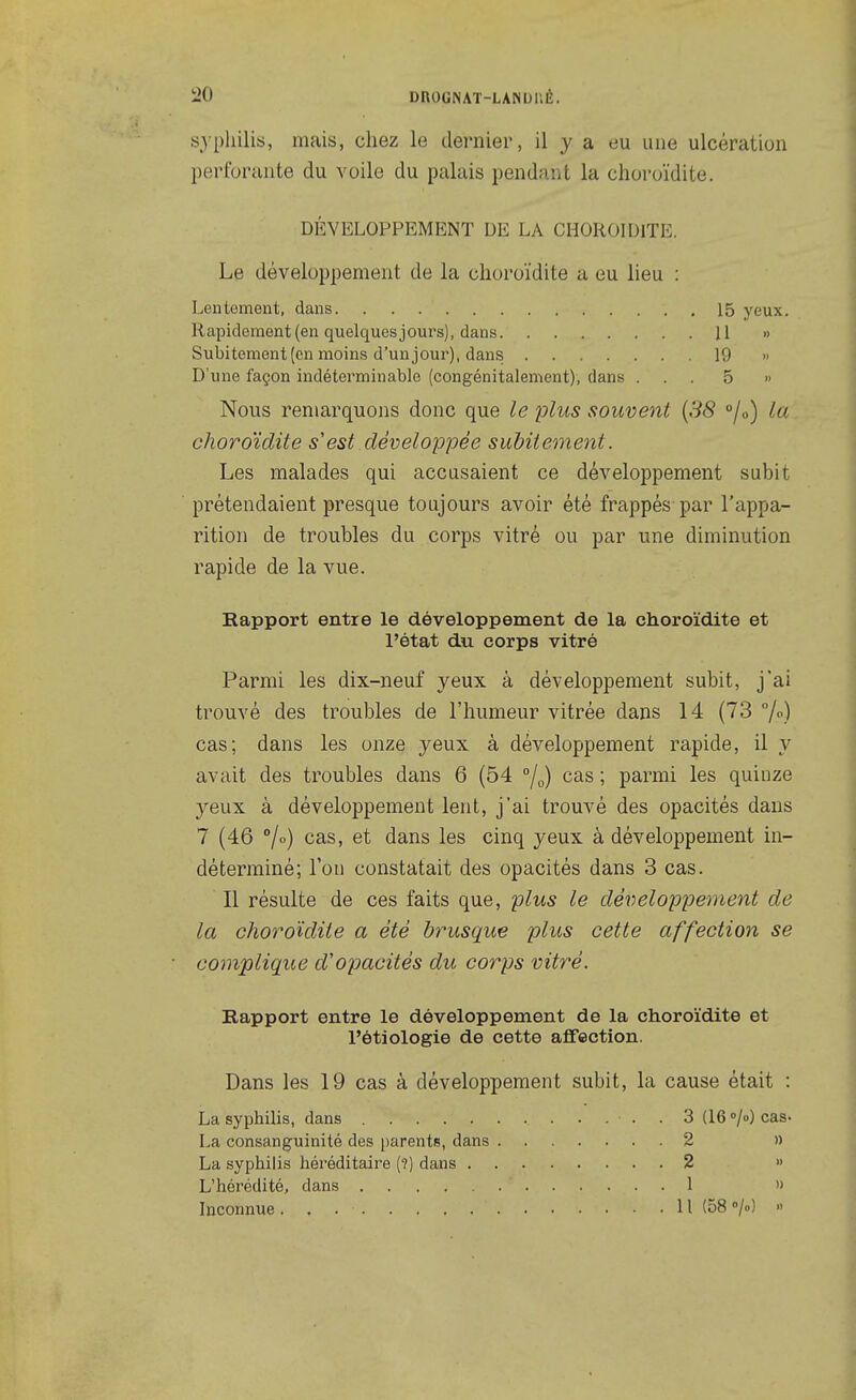 syphilis, mais, chez le dernier, il y a eu une ulcération perforante du voile du palais pendant la choroïdite. DÉVELOPPEMENT DE LA CHOROÏDITE. Le développement de la choroïdite a eu lieu : Lentement, dans 15 yeux. Rapidement (en quelques jours), dans U » Subitement (en moins d'un jour), dans 19 » D'une façon indéterminable (congénitalement), dans ... 5 » Nous remarquons donc que le plus souvent {38 °/o) la choroïdite s'est développée subitement. Les malades qui accusaient ce développement subit prétendaient presque toujours avoir été frappés par l'appa- rition de troubles du corps vitré ou par une diminution rapide de la vue. Rapport entre le développement de la choroïdite et l'état du corps vitré Parmi les dix-neuf yeux à développement subit, j'ai trouvé des troubles de l'humeur vitrée dans 14 (73 7.) cas; dans les onze yeux à développement rapide, il y avait des troubles dans 6 (54 /o) cas ; parmi les quinze 3^eux à développement lent, j'ai trouvé des opacités dans 7 (46 %) cas, et dans les cinq yeux à développement in- déterminé; Ton constatait des opacités dans 3 cas. Il résulte de ces faits que, plus le développement de la choroïdite a été brusque plus cette affection se complique d'opacités du corps vitré. Rapport entre le développement de la choroïdite et l'étiologie de cette affection. Dans les 19 cas à développement subit, la cause était : La syphilis, dans 3 (16 /o) cas- La consanguinité des parents, dans 2 » La syphilis héréditaire (?) dans 2 » L'hérédité, dans 1 »