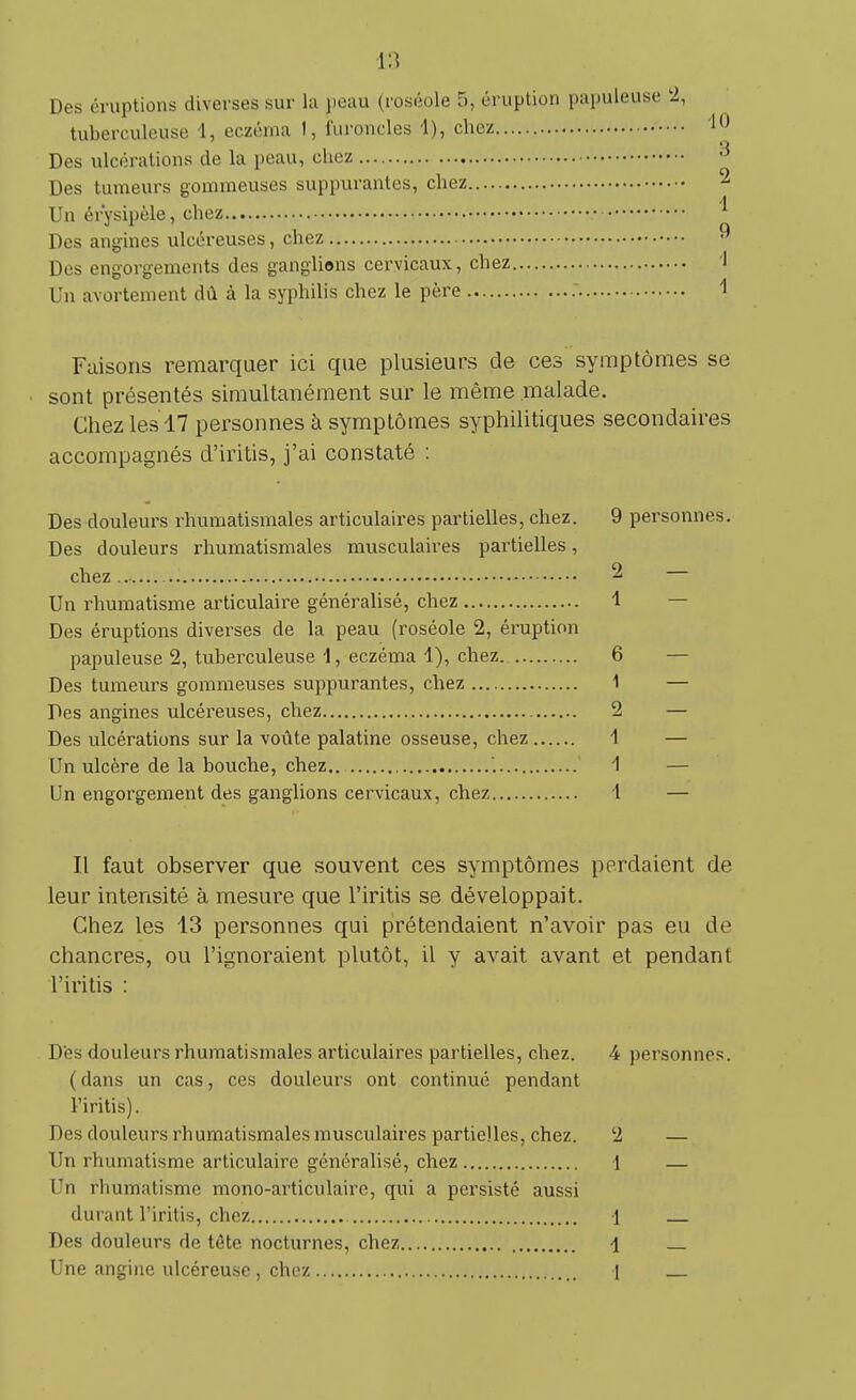 Des éruptions diverses sur la peau (roséole 5, éruption papuleuse 2, tuberculeuse 1, eczéma I, furoncles 1), chez 10 Des ulcérations de la peau, chez 3 Des tumeurs gommeuses suppurantes, chez 2 Un ér'ysipèle, chez 1 Des angines ulcéreuses, chez •••• 9 Des engorgements des ganglions cervicaux, chez Un avortement dû à la syphilis chez le père 1 Faisons remarquer ici que plusieurs de ces symptômes se sont présentés simultanément sur le même malade. Chez les 17 personnes à symptômes syphilitiques secondaires accompagnés d'iritis, j'ai constaté : Des douleurs rhumatismales articulaires partielles, chez. 9 personnes. Des douleurs rhumatismales musculaires partielles, chez 2 Un rhumatisme articulaire généralisé, chez 1 Des éruptions diverses de la peau (roséole 2, éruption papuleuse 2, tuberculeuse 1, eczéma 1), chez. 6 Des tumeurs gommeuses suppurantes, chez 1 — Des angines ulcéreuses, chez 2 — Des ulcérations sur la voûte palatine osseuse, chez 1 — Un ulcère de la bouche, chez '. 1 Un engorgement des ganglions cervicaux, chez 1 — Il faut observer que souvent ces symptômes perdaient de leur intensité à mesure que l'iritis se développait. Chez les 13 personnes qui prétendaient n'avoir pas eu de chancres, ou l'ignoraient plutôt, il y avait avant et pendant l'iritis : Des douleurs rhumatismales articulaires partielles, chez. 4 personnes. ( dans un cas, ces douleurs ont continué pendant l'iritis). Des douleurs rhumatismales musculaires partielles, chez. 2 — Un rhumatisme articulaire généralisé, chez 1 — Un rhumatisme mono-articulaire, qui a persisté aussi durant l'iritis, chez 1 Des douleurs de tête nocturnes, chez \ Une angine ulcéreuse , chez 1