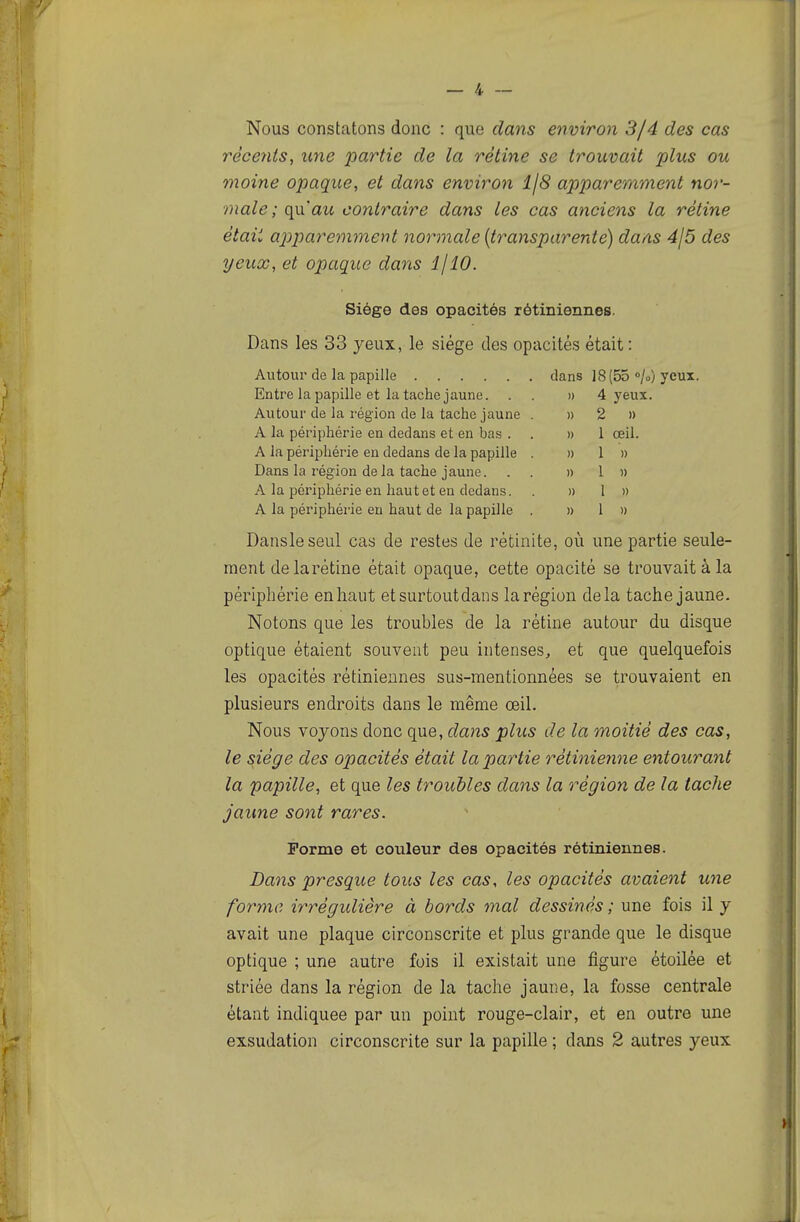 Nous constatons donc : que dans environ 3/4 des cas réceyits, une partie de la rétine se trouvait plus ou moine opaque, et dans environ IjS apparemment nor- male ; qii au contraire dans les cas anciens la rétine était apparemment normale [transparente) dans 4J5 des yeux, et opaque dans 1/10. Siège des opacités rétiniennes. Dans les 33 yeux, le siège des opacités était : dans 18(55 «/o; Entre la papille et la tache jaune. » 4 yeux. Autour de la région de la tache jaune . » 2 » A la périphérie en dedans et en bas . . n 1 œil. A la périphérie en dedans de la papille . n I » Dans la région de la tache jaune. » 1 A la périphérie en haut et en dedans. 1 » A la périphérie en haut de la papille . » 1 Dansleseul cas de restes de rètinite, où une partie seule- ment de la rétine était opaque, cette opacité se trouvait à la périphérie en haut et sur tout dan s la région delà tache jaune. Notons que les troubles de la rétine autour du disque optique étaient souvent peu intenses^ et que quelquefois les opacités rétiniennes sus-mentionnées se trouvaient en plusieurs endroits dans le même œil. Nous voyons donc que, dans plus de la moitié des cas, le siège des opacités était la partie rétinienne entourant la papille, et que les troubles dans la région de la tache jaune sont rares. Forme et couleur des opacités rétiniennes. Dans presque tous les cas, les opacités avaient une forme irrégulière à bords mal dessinés ; une fois il y avait une plaque circonscrite et plus grande que le disque optique ; une autre fois il existait une figure étoilée et striée dans la région de la tache jaune, la fosse centrale étant indiquée par un point rouge-clair, et en outre une exsudation circonscrite sur la papille ; dans 2 autres yeux »