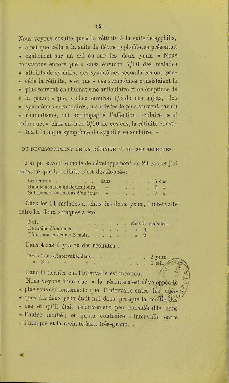 ~ 15 — Nous voyons ensuite que* la rétinite à la suite de syphilis, « ainsi que celle à la suite de fièvre typhoïde,se présentait * également sur un œil ou sur les deux yeux. » Nous constatons encore que « chez environ 7/10 des malades « atteints de syphilis, des symptômes secondaires ont pré- « cédé la rétinite, » et que « ces symptômes consistaient le « plus souvent en rhumatisme articulaire et en éruptions de « la peau; » que, « chez environ 1/5 de ces sujets, des « symptômes secondaires, manifestés le plus souvent par du « rhumatisme, ont accompagné l'affection oculaire, » et enfin que, « chez environ 3/10 de ces cas, la rétinite consti- « tuait l'unique symptôme de syphilis secondaire. » DU DÉVELOPPEMENT DE LA RETINITE ET DE SES RECHUTES. J'ai pu savoir le mode de développement de 24 cas, et j'ai constaté que la rétinite s'est développée : Lentement dans 15 cas. Rapidement (en quelques jours) » 2 « Subitement (en moins d'un jour] « 7 » Chez les 11 malades atteints des deux yeux, l'intervalle entre les deux attaques a été : Nul chez 5 malades. De moins d'un mois «4 » D'un mois et demi à 3 mois » 2 » Dans 4 cas il y a eu des rechutes : Avec 4 ans d'intervalle, dans 2 yeux. » 2 « « ^ . 1 œil Dans le dernier cas l'intervalle est inconnu. ' ■ -î u Nous voyons donc que « la rétinite s'est développée4^ « plus souvent lentement; que l'intervalle entre Iqs; aja-^?/* « ques des deux yeux était nul dans presque la mdîtïé ■xiês'-- « cas et qu'il était relativement peu considérable dans < l'autre moitié; et qu'au contraire l'intervalle entre « l'attaque et la rechute était très-grand. ^