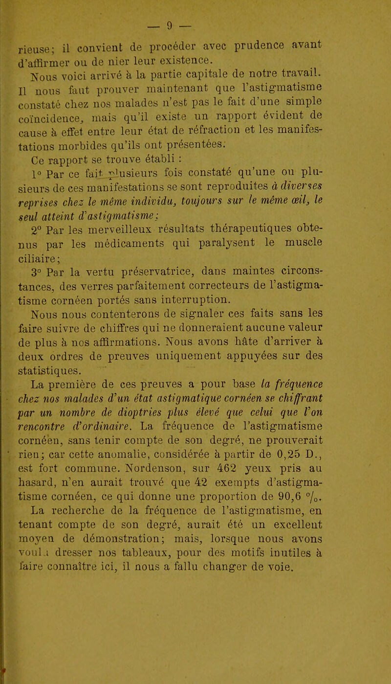 rieuse; il convient de procéder avec prudence avant d'affirmer ou de nier leur existence. Nous voici arrivé à la partie capitale de notre travail. Il nous faut prouver maintenant que l'astig-matisrae constaté chez nos malades n'est pas le fait d'une simple coïncidence, mais qu'il existe un rapport évident de cause à effet entre leur état de réfraction et les manifes- tations morbides qu'ils ont présentées. Ce rapport se trouve établi : 1 Par ce faijL^Iusieurs fois constaté qu'une ou plu- sieurs de ces manifestations se sont reproduites à diverses reprises chez le même individu, toujours sur le même œil, le seul atteint d'astigmatisme: 2° Par les merveilleux résultats thérapeutiques obte- nus par les médicaments qui paralysent le muscle ciliaire ; 3° Par la vertu préservatrice, dans maintes circons- tances, des verres parfaitement correcteurs de Tastig-ma- tisme cornéen portés sans interruption. Nous nous contenterons de signaler ces faits sans les faire suivre de chiffres qui ne donneraient aucune valeur de plus à nos affirmations. Nous avons hâte d'arriver à deux ordres de preuves uniquement appuyées sur des statistiques. La première de ces preuves a pour base la fréquence chez nos malades d'un état astigmatique cornéen se chiffrant par un nombre de dioptries plus élevé que celui que Von rencontre d'ordinaire. La fréquence de l'astigmatisme cornéen, sans tenir compte de son degré, ne prouverait rien; car cette anomalie, considérée à partir de 0,25 D., est fort commune. Nordenson, sur 462 yeux pris au hasard, n'en aurait trouvé que 42 exempts d'astigma- tisme cornéen, ce qui donne une proportion de 90,6 °/o. La recherche de la fréquence de l'astigmatisme, en tenant compte de son degré, aurait été un excellent moyen de démonstration; mais, lorsque nous avons vouLi dresser nos tableaux, pour des motifs inutiles à faire connaître ici, il nous a fallu changer de voie.