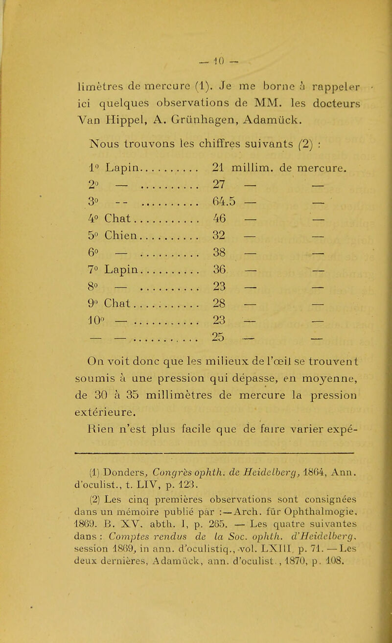 limètres de mercure (1). Je me borne à rappeler ici quelques observations de MM. les docteurs Van Hippel, A. Grûnhagen, Adamûck. Nous trouvons les chiffres suivants (2) : 1° Lapin 21 millim. de mercure. 2° -v/V* •••• 27 —  — 3° 64.5 — — 4° Chat 46 — — 5° Chien.. 32 — — 6° — 38 — — 7° Lapin 36. — — 8° — 23 — — 9 Chat.... : 28 — — j0° — 23 — — On voit donc que les milieux de l'œil se trouvent soumis à une pression qui dépasse, en moyenne, de 30 à 35 millimètres de mercure la pression extérieure. Rien n'est plus facile que de faire varier expé- (1) Donders, Congrès ophth. de Heidclberg, 1864, Ann. d'oculist., t. LIV, p. 123. (2) Les cinq premières observations sont consignées dans un mémoire publié par :—Arch. fur Ophthalmogie. 1869. B. XV. abth. I, p. 265. — Les quatre suivantes dans : Comptes rendus de La Soc. ophtk. d'Heidclberg. session 1869, in ann. d'oculistiq., vol. LX11I. p. 71. —Les deux dernières, Adamûck, ann. d'oculist., 1870, p. 108.