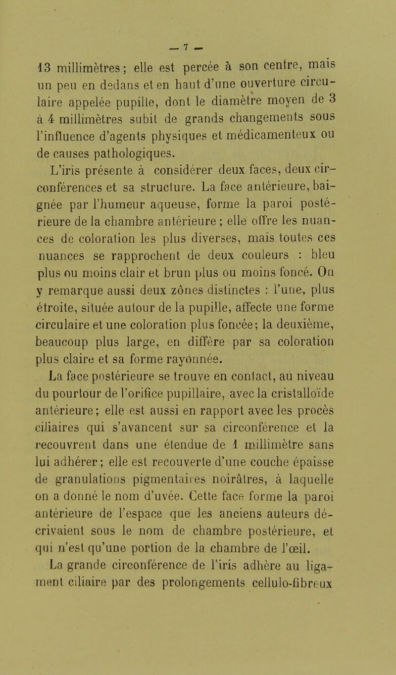 43 millimètres; elle est percée à son centre, mais un peu en dedans et en haut d'une ouverture circu- laire appelée pupille, dont le diamètre moyen de 3 à 4 millimètres subit de grands changements sous l'influence d'agents physiques et médicamenteux ou de causes pathologiques. L'iris présente à considérer deux faces, deux cir- conférences et sa structure. La face antérieure, bai- gnée par l'humeur aqueuse, forme la paroi posté- rieure de la chambre antérieure ; elle offre les nuan- ces de coloration les plus diverses, mais toutes ces nuances se rapprochent de deux couleurs : bleu plus ou moins clair et brun plus ou moins foncé. On y remarque aussi deux zones distinctes : l'une, plus étroite, située autour de la pupille, affecte une forme circulaire et une coloration plus foncée; la deuxième, beaucoup plus large, en diffère par sa coloration plus claire et sa forme rayon née. La face postérieure se trouve en contact, au niveau du pourtour de l'orifice pupillaire, avec la cristalloïde antérieure; elle est aussi en rapport avec les procès ciiiaires qui s'avancent sur sa circonférence et la recouvrent dans une étendue de 1 millimètre sans lui adhérer; elle est recouverte d'une couche épaisse de granulations pigmentaires noirâtres, à laquelle on a donné le nom d'uvée. Cette face forme la paroi antérieure de l'espace que les anciens auteurs dé- crivaient sous le nom de chambre postérieure, et qui n'est qu'une portion de la chambre de l'œil. La grande circonférence de l'iris adhère au liga- ment ciliaire par des prolongements cellulo-fibreux