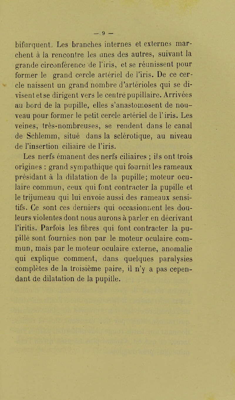 bifurquent., Les branches internes et externes mar- chent à ia rencontre les unes des autres, suivant la grande circonférence de l'iris, et se réunissent pour former le grand cercle artériel de l'iris. De ce cer- cle naissent un grand nombre d'artérioles qui se di- visent et se dirigent vers le centré pupillaire. Arrivées au bord de la pupille, elles s'anastomosent de nou- veau pour former le petit cercle artériel de l'iris. Les veines, très-nombreuses, se rendent dans le canal de Schlemm, situé dans la sclérotique, au niveau de l'insertion ciliaire de l'iris. Les nerfs émanent des nerfs ciliaires ; ils ont trois origines : grand sympathique qui fournit les rameaux présidant à la dilatation de la pupille; moteur ocu- laire commun, ceux qui font contracter la pupille et le trijumeau qui lui envoie aussi des rameaux sensi- tifs. Ce sont ces derniers qui occasionnent les dou- leurs violentes dont nous aurons à parler en décrivant l'iritis. Parfois les fibres qui font contracter la pu- pille sont fournies non par le moteur oculaire com- mun, mais par le moteur oculaire externe, anomalie qui explique comment, dans quelques paralysies complètes de la troisième paire, il n'y a pas cepen- dant de dilatation de la pupille.