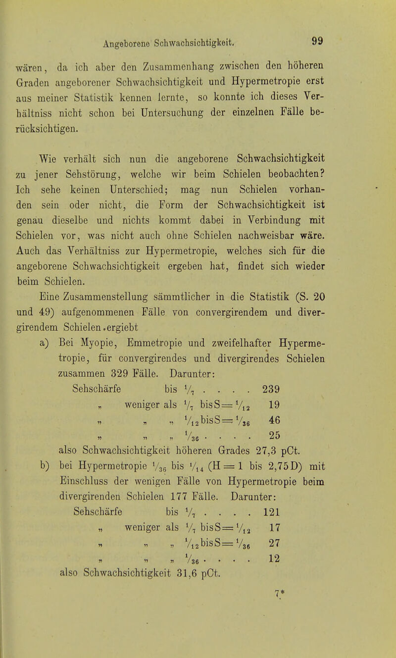 Wcären, da ich aber den Zusammenhang zwischen den höheren Graden angeborener Schwachsichtigkeit und Hypermetropie erst aus meiner Statistik kennen lernte, so konnte ich dieses Ver- hältniss nicht schon bei Untersuchung der einzelnen Fälle be- rücksichtigen. Wie verhält sich nun die angeborene Schwachsichtigkeit zu jener Sehstörung, welche wir beim Schielen beobachten? Ich sehe keinen Unterschied; mag nun Schielen vorhan- den sein oder nicht, die Form der Schwachsichtigkeit ist genau dieselbe und nichts kommt dabei in Verbindung mit Schielen vor, was nicht auch ohne Schielen nachweisbar wäre. Auch das Verhältniss zur Hypermetropie, welches sich für die angeborene Schwachsichtigkeit ergeben hat, findet sich wieder beim Schielen. Eine Zusammenstellung sämmtlicher in die Statistik (S. 20 und 49) aufgenommenen Fälle von convergirendem und diver- girendem Schielen.ergiebt a) Bei Myopie, Emmetropie und zweifelhafter Hyperme- tropie, für convergirendes und divergirendes Schielen zusammen 329 Fälle. Darunter: Sehschärfe bis V, . . . . 239 „ weniger als V? bisS= Via 19 „ Vi2bisS=V36 46 n 11 » Vss • • • • 25 also Schwachsichtigkeit höheren Grades 27,3 pCt. b) bei Hypermetropie Vse bis V14 (H=l bis 2,75 D) mit Einschluss der wenigen Fälle von Hypermetropie beim divergirenden Schielen 177 Fälle. Darunter: Sehschärfe bis . . . . 121 „ weniger als V, bisS=Vt2 17 „ %2bisS=V36 27 also Schwachsichtigkeit 31,6 pCt.