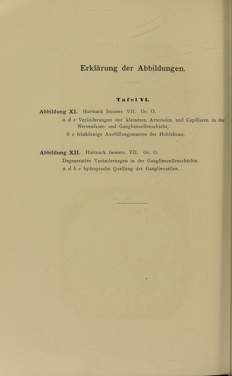 Tafel VI. Abbildung XI. Hartnack Immers VII. Oc. O. ade Veränderungen der kleineren Arteriolen und Capillaren in der Nervenfaser- und Ganglienzellenschicht, b c feinkörnige Ausfüllungsmassen der Hohlräume. Abbildung XII. Hartnack Immers. VII. Oc. O. Degenerative Veränderungen in der Ganglienzellenschichte. a d b e hydropische Quellung der Ganglienzellen.