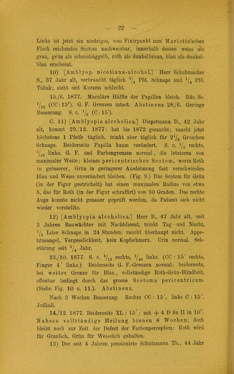 Links ist jetzt ein niedriges, vom Pixirpunkt zum Mariotte'schen Flock reichendes Scotom nachweisbar, innerhalb dessen weiss als grau, grün als schmutziggelb, roth als dunkelbraun, blau als dunkel- blau erscheint. 10) [Amblyop. nicotiana-alcohol.] Herr Schuhmacher S., 37 Jahr alt, verbraucht täglich J/4 Pfd. Schnaps und lji Pfd. Tabak; sieht seit Kurzem schlecht. 15./6. 1877. Maculäre Hälfte der Papillen bleich. Bds. Sc. 1/12 (CC:15'). Gr. F. Grenzen intact. Abstinenz 28./6. Geringe Besserung. S. c. x/6 (C: 15'). C. 11) [Amblyopia alcoholica.] Diepstmann D., 42 Jahr alt, kommt 29./12. 1877; hat bis 1872 geraucht; raucht jetzt höchstens 1 Pfeife täglich, trinkt aber täglich für 2l/2 Groschen Schnaps. Beiderseits Papilla kaum verändert. S. c. 1/8 rechts, 1/16 links. G. F. und Farbengrenzen normal, die letzteren von maximaler Weite; kleines pericentrisches Scotom, worin Roth in grösserer, Grün in geringerer Ausdehnung fast verschwinden Blau und Weiss unverändert bleiben. (Fig. 9.) Das Scotom für Grün (in der Figur gestrichelt) hat einen maximalen Radius von etwa 5, das für Roth (in der Figur schraffirt) von 10 Graden. Das rechte Auge konnte nicht genauer geprüft werden, da Patient sich nicht wieder vorstellte. 12) [Amblyopia alcoholica.] Herr B., 47 Jahr alt, seit 3 Jahren Bauwächter mit Nachtdienst, trinkt Tag und Nacht, */2 Liter Schnaps in 24 Stunden; raucht überhaupt nicht. Appe- titmangel, Vergesslichkeit, kein Kopfschmerz. Urin normal. Seh- störung seit */4 Jahr. 23./10. 1877. S. c. V12 rechts, 740 links- (cc : 15' rechts> Finger 4' links.) Beiderseits G. F.-Grenzen normal; beiderseits, bei weiter Grenze für Blau, vollständige Roth-Grün-Blindheit, offenbar bedingt durch das grosse Scotoma pericentricum- (Siehe Fig. 10 u. 11.). Abstinenz. Nach 3 Wochen Besserung. Rechts CC : 15', links C : 15'. Jodkali. 14./12. 1877. Beiderseits XL : 15'; mit + 4 D Sn n in 10. Nahezu vollständige Heilung binnen 8 Wochen; doch bleibt noch zur Zeit der Dofect der Farbonperception: Roth wird für Graulich, Grün für Weisslich gehalten. 13) Der seit 4 Jahren ponsionirte Schutzmann Th., 44 Jahr