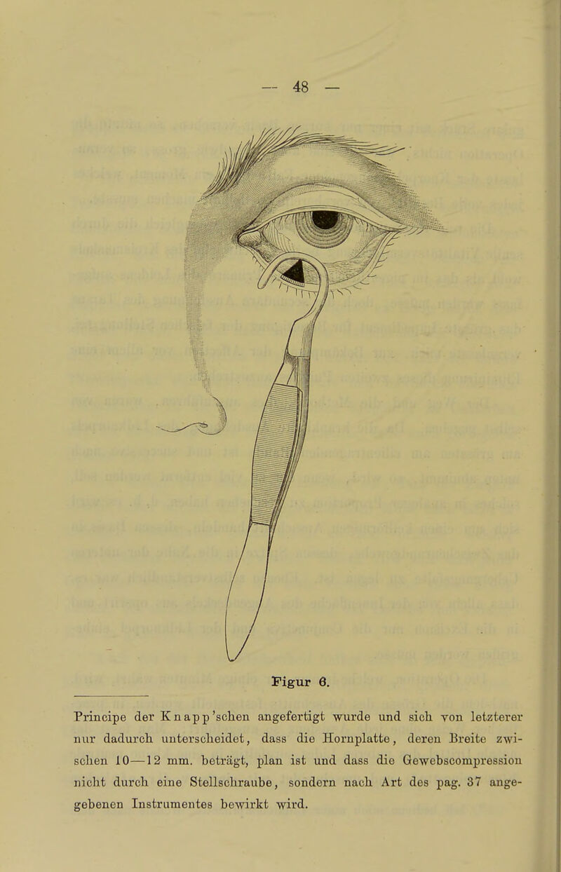 V Figur 6. Principe der Knapp'sehen angefertigt wurde und sich yon letzterer nur dadurch unterscheidet, dass die Hornplatte, deren Breite zwi- schen 10—12 mm. beträgt, plan ist und dass die Gewebscompression nicht durch eine Stellschraube, sondern nach Art des pag. 37 ange- gebenen Instrumentes bewirkt wird.