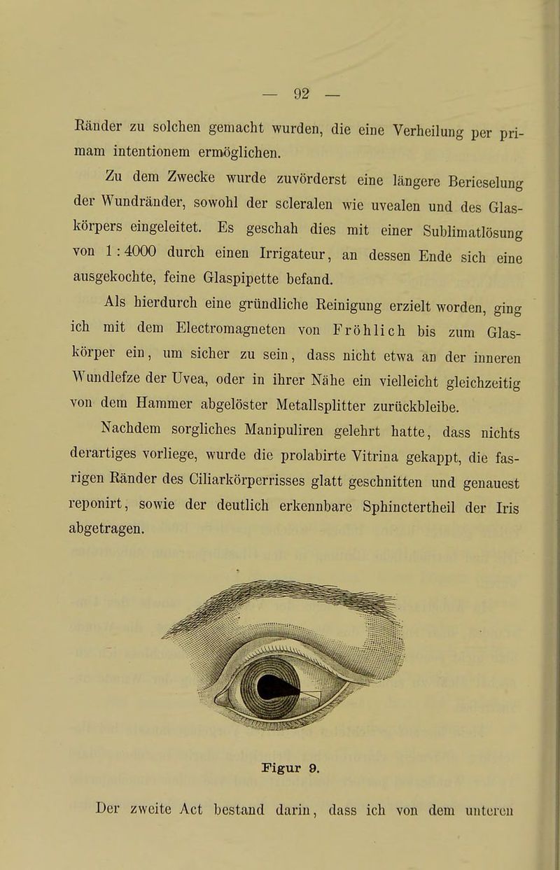 Ränder zu solchen gemacht wurden, die eine Verheilung per pri- mam intentionem ermöglichen. Zu dem Zwecke wurde zuvörderst eine längere Berieselung der Wundränder, sowohl der scleralen wie uvealen und des Glas- körpers eingeleitet. Es geschah dies mit einer Sublimatlösung von 1:4000 durch einen Irrigateur, an dessen Ende sich eine ausgekochte, feine Glaspipette befand. Als hierdurch eine gründliche Reinigung erzielt worden, ging ich mit dem Electromagneten von Fröhlich bis zum Glas- körper ein, um sicher zu sein, dass nicht etwa an der inneren Wundlefze der Uvea, oder in ihrer Nähe ein vielleicht gleichzeitig von dem Hammer abgelöster Metallsplitter zurückbleibe. Nachdem sorgliches Manipuliren gelehrt hatte, dass nichts derartiges vorliege, wurde die prolabirte Vitrina gekappt, die fas- rigen Ränder des Ciliarkörperrisses glatt geschnitten und genauest reponirt, sowie der deutlich erkennbare Sphinctertheil der Iris abgetragen. Der zweite Act bestand darin, dass ich von dem unteren