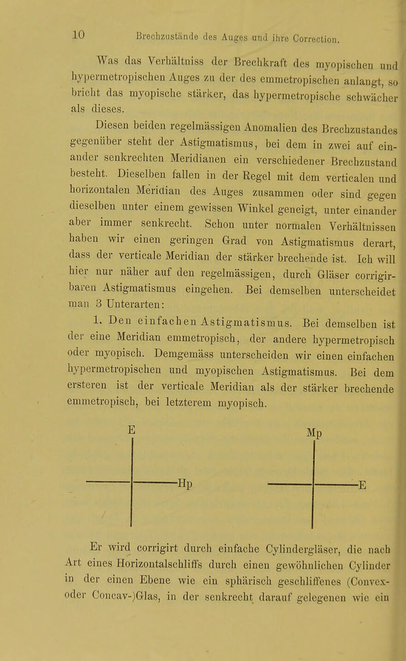 Was das Verhältniss der Brechkraft des myopischen und hypermetropischen Auges zu der des emmetropischen anlangt, so bricht das myopische stärker, das hypermetropische schwächer als dieses. Diesen beiden regelmässigen Anomalien des Brechzustandes gegenüber steht der Astigmatismus, bei dem in zwei auf ein- ander senkrechten Meridianen ein verschiedener Brechzustand besteht. Dieselben fallen in der Regel mit dem verticalen und horizontalen Meridian des Auges zusammen oder sind gegen dieselben unter einem gewissen Winkel geneigt, unter einander aber immer senkrecht. Schon unter normalen Verhältnissen haben wir einen geringen Grad von Astigmatismus derart, dass der verticale Meridian der stärker brechende ist. Ich will hier nur näher auf den regelmässigen, durch Gläser corrigir- baren Astigmatismus eingehen. Bei demselben unterscheidet man 3 Unterarten: 1. Den einfachen Astigmatismus. Bei demselben ist der eine Meridian emmetropisch, der andere hypermetropisch oder myopisch. Demgemäss unterscheiden wir einen einfachen hypermetropischen und myopischen Astigmatismus. Bei dem ersteren ist der verticale Meridian als der stärker brechende emmetropisch, bei letzterem myopisch. E Mp -Hp -E Er wird corrigirt durch einfache Cylindergläser, die nach Art eines Horizontalschliffs durch einen gewöhnlichen Cylinder. in der einen Ebene wie ein sphärisch geschliffenes (Convex- oder Concav-)Glas, in der senkrecht darauf gelegenen wie ein