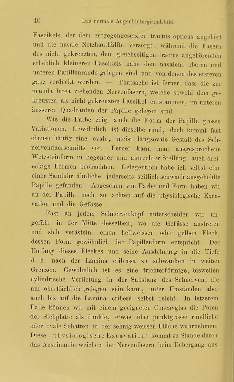Fascikels, der dem entgegengesetzten tractus opticus angehört und die nasale Netzhauthälfte versorgt, während die Fasern des nicht gekreuzten, dem gleichseitigen tractus angehörenden erheblich kleinereu Fascikels nahe dem nasalen, oberen und unteren Papillenrande gelegen sind und von denen des ersteren ganz verdeckt werden. — Thatsache ist ferner, dass die zur macula lutea ziehenden Nervenfasern, welche sowohl dem ge- kreuzten als nicht gekreuzten Fascikel entstammen, im unteren äusseren Quadranten der Papille gelegen sind. Wie die Farbe zeigt auch die Form der Papille grosse Variationen. Gewöhnlich ist dieselbe rund, doch kommt fast ebenso häufig eine ovale,, meist längsovale Gestalt des Seh- nervenquerschnitts vor. Ferner kann man ausgesprochene Wetzsteinform in liegender und aufrechter Stellung, auch drei- eckige Formen beobachten. Gelegentlich habe ich selbst eine einer Sanduhr ähnliche, jederseits seitlich schwach ausgehöhlte Papille gefunden. Abgesehen von Farbe und Form haben wir an der Papille noch zu achten auf die physiologische Exca- vation und die Gefässe. Fast an jedem Sehnervenkopf unterscheiden wir un- gefähr in der Mitte desselben, wo die Gefässe austreten und sich verästeln, einen hellweissen oder gelben Fleck, dessen Form gewöhnlich der Papillenform entspricht. Der Umfang dieses Fleckes und seine Ausdehnung in die Tiefe d. h. nach der Lamina cribrosa zu schwanken in weiten Grenzen. Gewöhnlich ist es eine trichterförmige, bisweilen cylindrische Vertiefung in der Substanz des Sehnerven, die nur oberflächlich gelegen sein kann, unter Umständen aber auch bis auf die Lamina cribosa selbst reicht. In letzerem Falle können wir mit einem geeigneten Concavglas die Poren der Siebplatte als dunkle, etwas über punktgrosse rundliche oder ovale Schatten in der sehnig weissen Fläche wahrnehmen. Diese „physiologische Excavation kommt zu Staude durch das Auseinanderweichen der Nervenfasern beim üebergang aus