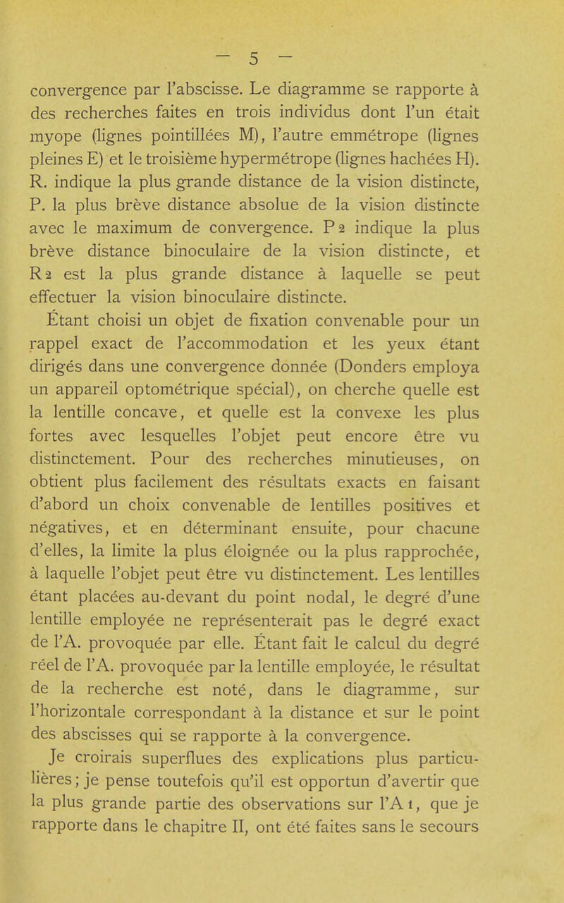 convergence par l'abscisse. Le diagramme se rapporte à des recherches faites en trois individus dont l'un était myope (lignes pointillées M), l'autre emmétrope (lignes pleines E) et le troisième hypermétrope (lignes hachées H). R. indique la plus grande distance de la vision distincte, P. la plus brève distance absolue de la vision distincte avec le maximum de convergence. Pa indique la plus brève distance binoculaire de la vision distincte, et R.2 est la plus grande distance à laquelle se peut effectuer la vision binoculaire distincte. Etant choisi un objet de fixation convenable pour un rappel exact de l'accommodation et les yeux étant dirigés dans une convergence donnée (Donders employa un appareil optométrique spécial), on cherche quelle est la lentille concave, et quelle est la convexe les plus fortes avec lesquelles l'objet peut encore être vu distinctement. Pour des recherches minutieuses, on obtient plus facilement des résultats exacts en faisant d'abord un choix convenable de lentilles positives et négatives, et en déterminant ensuite, pour chacune d'elles, la limite la plus éloignée ou la plus rapprochée, à laquelle l'objet peut être vu distinctement. Les lentilles étant placées au-devant du point nodal, le degré d'une lentille employée ne représenterait pas le degré exact de l'A. provoquée par elle. Étant fait le calcul du degré réel de l'A. provoquée par la lentille employée, le résultat de la recherche est noté, dans le diagramme, sur l'horizontale correspondant à la distance et sur le point des abscisses qui se rapporte à la convergence. Je croirais superflues des explications plus particu- lières ; je pense toutefois qu'il est opportun d'avertir que la plus grande partie des observations sur l'Ai, que je rapporte dans le chapitre II, ont été faites sans le secours