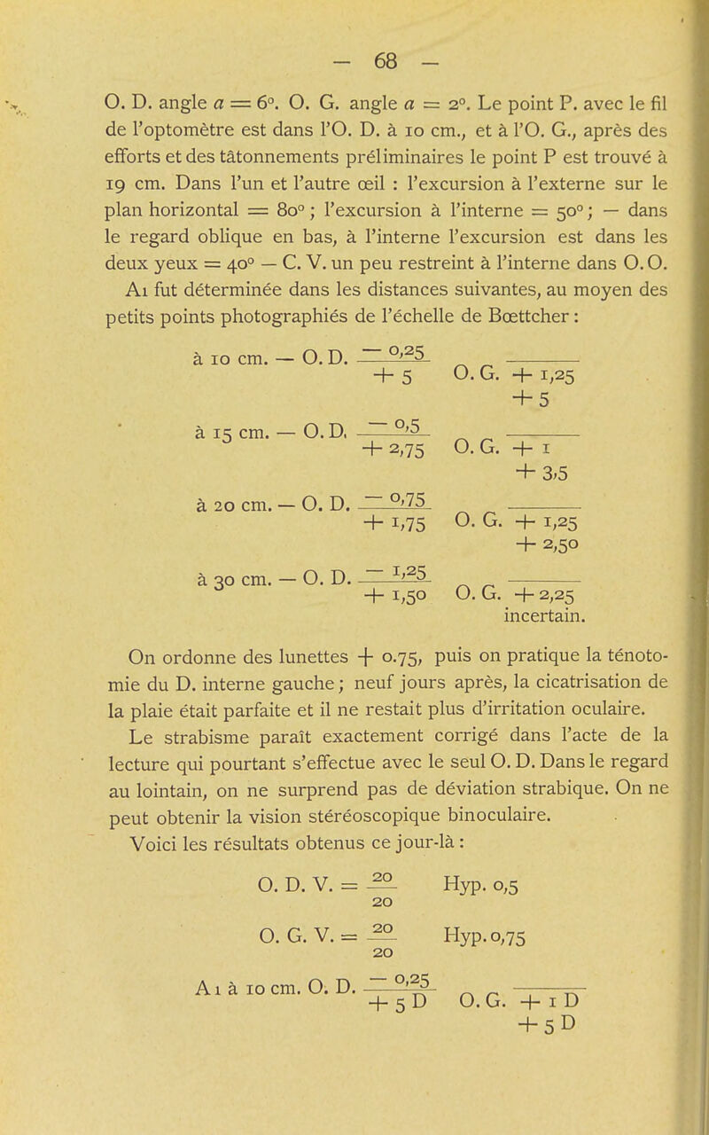 O. D. angle a = 6°. O. G. angle a = 20. Le point P. avec le fil de l'optomètre est dans l'O. D. à 10 cm., et à l'O. G., après des efforts et des tâtonnements préliminaires le point P est trouvé à 19 cm. Dans l'un et l'autre œil : l'excursion à l'externe sur le plan horizontal = 8o° ; l'excursion à l'interne = 500 ; — dans le regard oblique en bas, à l'interne l'excursion est dans les deux yeux = 400 — C. V. un peu restreint à l'interne dans O. O. Ai fut déterminée dans les distances suivantes, au moyen des petits points photographiés de l'échelle de Bcettcher : a 10 cm. a 15 cm, O.D. -°'25 4-5 O. G. + 1,25 + 5 _O.D, -°'5 + 2,75 O. G. +1 + 3,5 à 20 cm. — O. D. ~ °'75 i,75 O- G- H- I>25 -+- 2,50 a 30 cm. O. D. ~ *'25 + 1,50 O. G. 4- 2,25 incertain. On ordonne des lunettes -f 0.75, puis on pratique la ténoto- mie du D. interne gauche ; neuf jours après, la cicatrisation de la plaie était parfaite et il ne restait plus d'irritation oculaire. Le strabisme paraît exactement corrigé dans l'acte de la lecture qui pourtant s'effectue avec le seul O. D. Dans le regard au lointain, on ne surprend pas de déviation strabique. On ne peut obtenir la vision stéréoscopique binoculaire. Voici les résultats obtenus ce jour-là : O. D. V. = Hyp. o;5 20 20 O.G.V.= ^- Hyp. 0,75 20 Ai à 10 cm. O. D. ~ °,25 + 5 D O.G. + 1 D + 5D