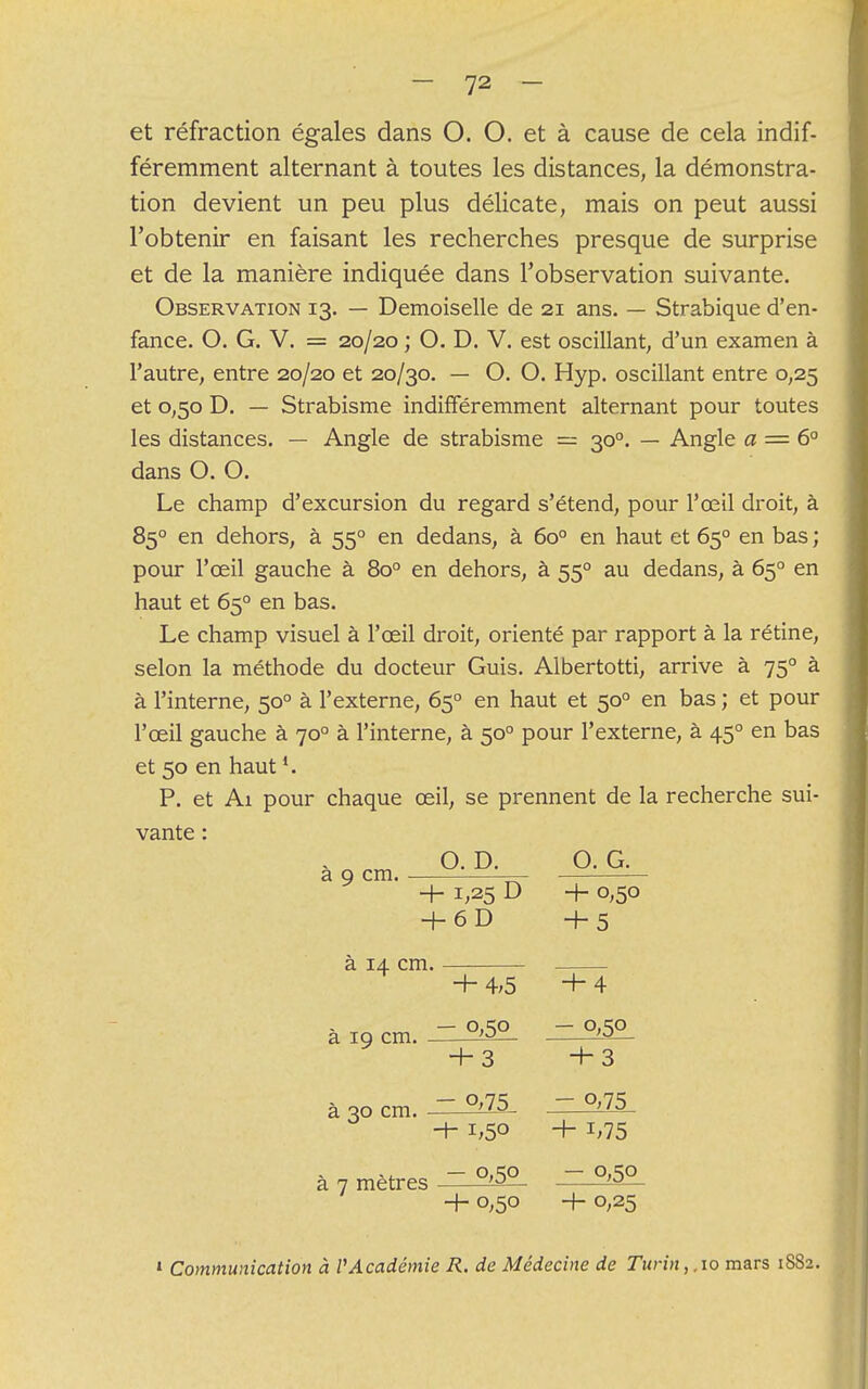 et réfraction égales dans O. O. et à cause de cela indif- féremment alternant à toutes les distances, la démonstra- tion devient un peu plus délicate, mais on peut aussi l'obtenir en faisant les recherches presque de surprise et de la manière indiquée dans l'observation suivante. Observation 13. — Demoiselle de 21 ans. — Strabique d'en- fance. O. G. V. = 20/20 ; O. D. V. est oscillant, d'un examen à l'autre, entre 20/20 et 20/30. — O. O. Hyp. oscillant entre 0,25 et 0,50 D. — Strabisme indifféremment alternant pour toutes les distances. — Angle de strabisme = 300. — Angle a = 6° dans O. O. Le champ d'excursion du regard s'étend, pour l'œil droit, à 850 en dehors, à 550 en dedans, à 6o° en haut et 650 en bas ; pour l'œil gauche à 8o° en dehors, à 550 au dedans, à 650 en haut et 650 en bas. Le champ visuel à l'œil droit, orienté par rapport à la rétine, selon la méthode du docteur Guis. Albertotti, arrive à 750 à à l'interne, 500 à l'externe, 650 en haut et 500 en bas ; et pour l'œil gauche à 700 à l'interne, à 500 pour l'externe, à 450 en bas et 50 en haut P. et Ai pour chaque œil, se prennent de la recherche sui- vante : à 9 cm. O. D. O. G. 4- 1,25 D + 0,50 + 6D +5 à 14 cm. + 4,5 + 4 à 19 cm. - o,5° + 3 - o,5° + 3 à 30 cm. - o,75 -+- i,5° - o,75 + i,75 à 7 mètres - o,5° + o,5° - o,5° + 0,25 1 Communication à l'Académie R. de Médecine de Turin, ,10 mars 1882.