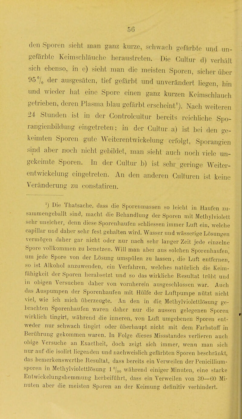 50 den Sporen sieht man ganz kurze, schwach gefärbte und un- gefärbte Keimschläuche heraustreten. Die Gultur d) verhält sich ebenso, in e) sieht man die meisten Sporen, sicher über 95 7„ der ausgesäten, tief gefärbt und unverändert liegen, hin und wieder hat eine Spore einen ganz kurzen Keimschlauch getrieben, deren Plasma blau gefärbt erscheint'}. Nach weiteren 24 Stunden ist in der Gontrolcultur bereits reichliche Spo- rangienbildung eingetreten; in der Ckiltur a) ist bei den ge- keimten Sporen gute Weiterentwickelung erfolgt, Sporangien sind aber noch nicht gebildet, man sieht auch noch viele un- gekeimte Sporen. In der Gultur b) ist sehr geringe Weiter- entwickelung eingetreten. An den anderen Gulturen ist keine Veränderung zu constatiren. ') Die Thatsache, dass die Sporermiassen so leicht in Haufen zii- sa.nraengeballt sind, macht die Behandlung der Sporen mit Methylviolett sehr unsicher, denn diese Sporenliaufen schliessen immer Luft ein, welche capillar und daher sehr fest gehalten wird. Wasser und wässerige Lösungen vermögen daher gar nicht oder nur nach sehr langer Zeit jede einze'lne Spore vollkommen zu benetzen. Will man aber aus solchen Sporenhaufen, um jede Spore von der Lösung umspülen zu lassen, die Luft entfernen, so ist Alkohol anzuwenden, ein Verfahren, welches natürlich die Keim- fähigkeit der Sporen herabsetzt und so das wirkhche Resultat trübt und in obigen Versuchen daher von vornherein ausgeschlossen war. Auch das Auspumpen der Sporenbaufen mit Hülfe der Luftpumpe nützt nicht viel, wie ich mich überzeugte. An den in die. Methylvioleltlösung ge- brachten Sporenhaufen waren daher nur die aussen gelegenen Sporen wirklich tingirt, während die inneren, von Luft umgebenen Sporen ent- weder nur schwach tingirt oder überhaupt nicht mit dem Farbstoff in Berührung gekommen waren. In Folge dieses Missstandes verlieren auch obige Versuche an Exactheit, doch zeigt sich immer, wenn man sich nur auf die isolirt liegenden und nachweislich gefärbten Sporen beschränkt, das bemerkenswerthe Resultat, dass bereits ein Verweilen der Penicillium- sporen in Methylviolettlösung 1 /«o während einiger Minuten, eine starke Enlwickelungshemmung herbeiführt, dass ein Verweilen von 30—60 Mi- )iuten aber die meisten Sporen an der Keimung definitiv verhindert.