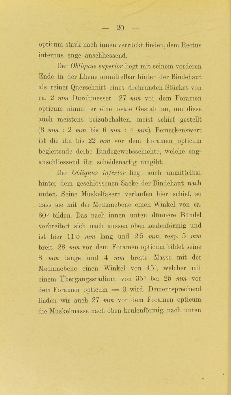 opticum stark nach innen verrückt finden, dem Rectus internus enge anschliessend. Der Ohliquus superior Hegt mit seinem vorderen Ende in der Ebene unmittelbar hinter der Bindehaut als reiner Querschnitt eines drehrunden Stückes von ca. 2 mm Durchmesser. 27 mm vor dem Foramen opticum nimmt er eine ovale Gestalt an, um diese auch meistens beizubehalten, meist schief gestellt (3 m7n : 2 mm bis 6 mm, : 4 mm). Bemerkenswert ist die ihn bis 22 7nm vor dem Foramen opticum begleitende derbe Bindegewebsschichte, welche eng- anschliessend ihn scheidenartig umgibt. Der Ohliquus inferior liegt auch unmittelbar hinter dem geschlossenen Sacke der Bindehaut nach unten. Seine Muskelfasern verlaufen hier schief, so dass sie mit der Medianebene einen Winkel von ca. 60° bilden. Das nach innen unten dünnere Bündel verbreitert sich nach aussen oben keulenförmig und ist hier ll ö mm lang und 2-5 mm, resp. 5 mm breit. 28 mm vor dem Foramen opticum bildet seine 8 mm lange und 4 mm breite Masse mit der Medianebene einen Winkel von 45°, welcher mit einem Übergangsstadium von 35° bei 25 mm vor dem Foramen opticum = 0 wird. Dementsprechend finden wir auch 27 mm vor dem Foramen opticum die Muskelmasse nach oben keulenförmig, nach unten