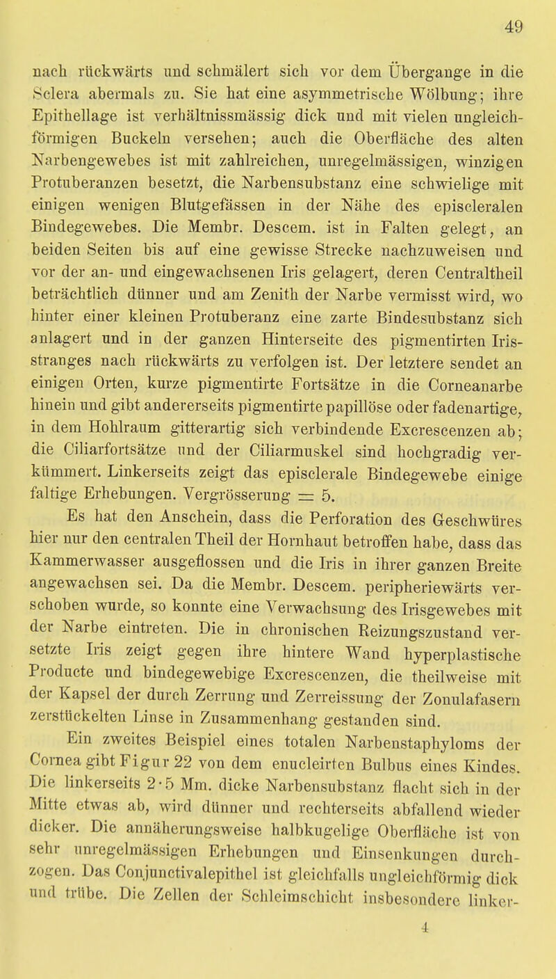 nacli rückwärts und schmälert sich vor dem Übergange in die .Sclera abermals zu. Sie hat eine asymmetrische Wölbung; ihre Epithellage ist verhältnissmässig dick und mit vielen ungleich- förmigen Buckeln versehen; auch die Oberfläche des alten Narbengewebes ist mit zahlreichen, unregelmässigen, winzigen Protuberanzen besetzt, die Narbensubstanz eine schwielige mit einigen wenigen Blutgefässen in der Nähe des episcleralen Bindegewebes, Die Membr. Descem. ist in Falten gelegt, an beiden Seiten bis auf eine gewisse Strecke nachzuweisen und vor der an- und eingewachsenen Iris gelagert, deren Centraltheil beträchtlich dünner und am Zenith der Narbe vermisst wird, wo hinter einer kleinen Protuberanz eine zarte Bindesubstanz sich anlagert und in der ganzen Hinterseite des pigmentirten Iris- stranges nach rückwärts zu verfolgen ist. Der letztere sendet an einigen Orten, kurze pigmentirte Fortsätze in die Corneanarbe hinein und gibt andererseits pigmentirte papillöse oder fadenartige, in dem Hohlraum gitterartig sich verbindende Excrescenzen ab; die Ciliarfortsätze und der Ciliarmuskel sind hochgradig ver- kümmert. Linkerseits zeigt das episclerale Bindegewebe einige faltige Erhebungen. Vergrösserung z= 5. Es hat den Anschein, dass die Perforation des Geschwüres hier nur den centralen Theil der Hornhaut betroffen habe, dass das Kammerwasser ausgeflossen und die Iris in ihrer ganzen Breite angewachsen sei. Da die Membr. Descem. peripheriewärts ver- schoben wurde, so konnte eine Verwachsung des Irisgewebes mit der Narbe eintreten. Die in chronischen Reizungszustand ver- setzte Iris zeigt gegen ihre hintere Wand hyperplastische Producte und bindegewebige Excrescenzen, die theilweise mit der Kapsel der durch Zerrung und Zerreissung der Zonulafasern zerstückelten Linse in Zusammenhang gestanden sind. Ein zweites Beispiel eines totalen Narbenstaphyloms der Coniea gibt Figur 22 von dem enucleirten Bulbus eines Kindes. Die linkerseits 2-5 Mm. dicke Narbensubstanz flacht sich in der Mitte etwas ab, wird dünner und rechterseits abfallend wieder dicker. Die annäherungsweise halbkugelige Oberfläche ist von sehr unregelmässigen Erhebungen und Einsenkungen durch- zogen. Das Conjunctivalepithel ist gleichfalls ungleichförmig dick und trübe. Die Zellen der Schleiraschicht insbesondere linker- 4