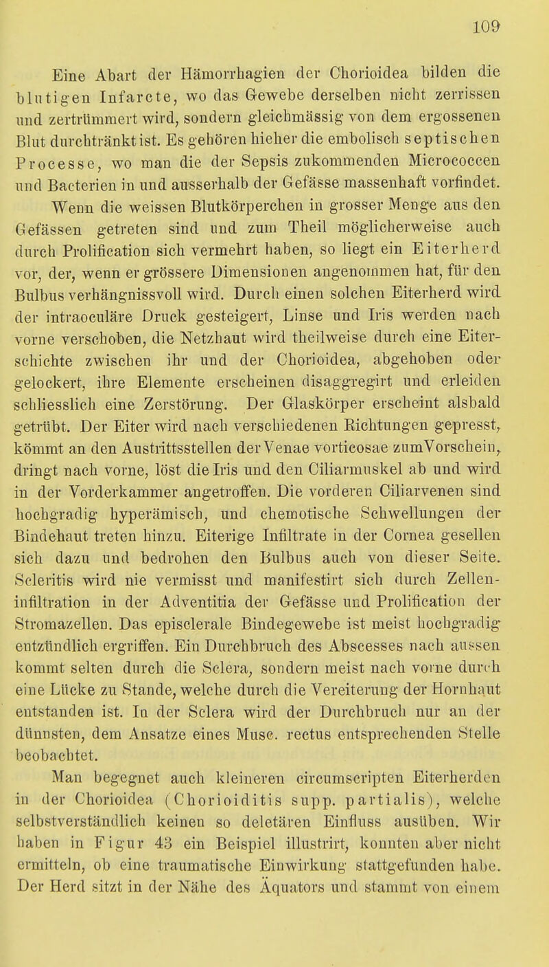 Eine Abart der Hämorrhagien der Chorioidea bilden die blutigen Infarcte, wo das Gewebe derselben nicht zerrissen und zertrümmert wird, sondern gleichmässig von dem ergossenen Blut durchtränkt ist. Es gehören hieher die embolisch septischen Processe, wo man die der Sepsis zukommenden Micrococcen und Bacterien in und ausserhalb der Gefässe massenhaft vorfindet. Wenn die weissen Blutkörperchen in grosser Menge ans den Gefässen getreten sind und zum Theil möglicherweise auch durch ProMcation sich vermehrt haben, so liegt ein Eiterherd vor, der, wenn er grössere Dimensionen angenommen hat, für den Bulbus verhängnissvoll wird. Durch einen solchen Eiterherd wird der intraoculäre Druck gesteigert, Linse und Iris werden nach vorne verschoben, die Netzhaut wird theilweise durch eine Eiter- schichte zwischen ihr und der Chorioidea, abgehoben oder gelockert, ihre Elemente erscheinen disaggregirt und erleiden schliesslich eine Zerstörung. Der Glaskörper erscheint alsbald getrübt. Der Eiter wird nach verschiedenen Kichtungen gepresst, kömmt an den Austrittsstellen derVenae vorticosae zumVorschein, dringt nach vorne, löst die Iris und den Ciliarmuskel ab und wird in der Vorderkammer angetroffen. Die vorderen Ciliarvenen sind hochgradig hyperämisch^ und chemotische Schwellungen der Bindehaut treten hinzu. Eiterige Infiltrate in der Cornea gesellen sich dazu und bedrohen den Bulbus auch von dieser Seite. Scleritis wird nie vermisst und manifestirt sich durch Zellen- infiltration in der Adventitia der Gefässe und Prolification der Stromazellen, Das episclerale Bindegewebe ist meist hochgradig* entzündlich ergriffen. Ein Durchbruch des Abscesses nach aui-sen kommt selten durch die Sclera, sondern meist nach vorne durch eine Lücke zu Stande, welche durch die Vereiterung der Hornhaut entstanden ist. In der Sclera wird der Durchbruch nur an der dünnsten, dem Ansätze eines Muse, rectus entsprechenden Stelle beobachtet. Man begegnet auch kleineren circumscripten Eiterherden in der Chorioidea (Chorioiditis supp. partialis), welche selbstverständlich keinen so deletären Einfiuss ausüben. Wir haben in Figur 43 ein Beispiel illustrirt, konnten aber nicht ermitteln, ob eine traumatische Einwirkung stattgefunden habe. Der Herd sitzt in der Nähe des Äquators und stammt von einem