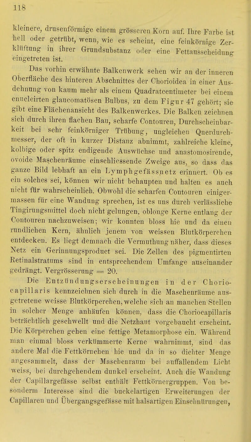 kleinere, drusenförmige einem grösseren Korn auf. Ihre Farbe ist hell oder getrübt, wenn, wie es scheint, eine feinkörnige Zer- klüftung in ihrer Grundsubstanz oder eine Fettausseheidung eingetreten ist. Das vorhin erwähnte Balkenwerk sehen wir an der inneren Oberfläche des hinteren Abschnittes der Chorioidea in einer Aus- dehnung von kaum mehr als einem Quadratcentimeter bei einem enucleirten glaucomatösen Bulbus, zu dem Figur 47 gehört; sie gibt eine Flächenansicht des Balkenwerkes. Die Balken zeichnen sich durch ihren flachen Bau, scharfe Contouren, Durchscheinbar- keit bei sehr feinkörniger Trübung, ungleichen Querdurch- messer, der oft in kurzer Distanz abnimmt, zahlreiche kleine, kolbige oder spitz endigende Auswüchse und anastomosirende, ovoide Maschenräume einschliessende Zweige aus, so dass das ganze Bild lebhaft an ein Lymphgefässnetz erinnert. Ob es ein solches sei, können wir nicht behaupten und halten es auch nicht für wahrscheinlich. Obwohl die scharfen Contouren einiger- massen für eine Wandung sprechen, ist es uns durch verlässliche Tingirungsmittel doch nicht gelungen, oblonge Kerne entlang der Contouren nachzuweisen; wir konnten bloss hie und da einen rundlichen Kern, ähnlich jenem von weissen Blutkörperchen entdecken. Es liegt demnach die Vermuthung näher, dass dieses Netz ein Gerinnungsproduct sei. Die Zellen des pigmentirteu Retinalstratums sind in entsprechendem Umfange auseinander gedrängt. Vergrösserung = 20. Die Entzündungserscheinungen in der Chorio- capillaris kennzeichnen sich durch in die Maschenräume aus- getretene weisse Blutkörperchen, welche sich an manchen Stellen in solcher Menge anhäufen können, dass die Choriocapillaris beträchtlich geschwellt und die Netzhaut vorgebaucht erscheint. Die Körperchen gehen eine fettige Metamorphose ein. Während man einmal bloss verkümmerte Kerne wahrnimmt, sind das andere Mal die Fettkörnchen hie und da in so dichter Menge angesammelt, dass der Maschenraum bei auffallendem Licht weiss, bei durchgehendem dunkel erscheint. Auch die Wandung der Capillargefässe selbst enthält Fettkörnergruppen. Von be- sonilerm Interesse sind die buckelartigen Erweiterungen der Capillaren und Ubergangsgefässe mit halsartigen Einschnürungen^