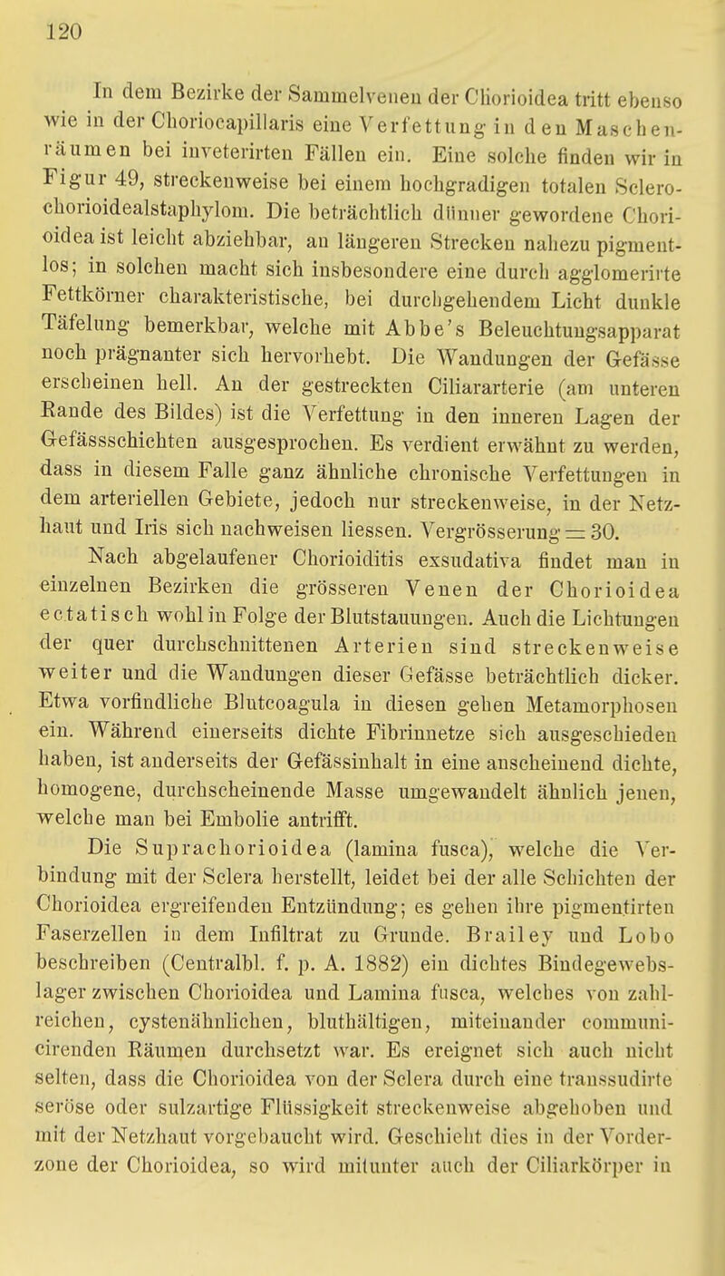 In dem Bezirke der Sainmelveneu der Cliorioidea tritt ebenso wie in der Cboriocapillaris eine Verfettung in den Maschen- räumen bei iuveterirten Fällen ein. Eine solche finden wir in Figur 49, streckenweise bei einem hochgradigen totalen Sclero- chorioidealstaphylom. Die beträchtlich dünner gewordene Chori- oideaist leicht abziehbar, au längeren Strecken nahezu pigment- los; in solchen macht sich insbesondere eine durch agglomerirte Fettkörner charakteristische, bei durchgehendem Licht dunkle Täfelung bemerkbar, welche mit Abbe's Beleuchtuugsapparat noch prägnanter sich hervorhebt. Die Wandungen der Gefässe erscheinen hell. An der gestreckten Ciliararterie (am unteren Eande des Bildes) ist die Verfettung in den inneren Lagen der Gefässschichten ausgesprochen. Es verdient erwähnt zu werden, dass in diesem Falle ganz ähnliche chronische Verfettungen in dem arteriellen Gebiete, jedoch nur streckenweise, in der Netz- haut und Iris sich nachweisen Hessen. Vergrösserung — 30. Nach abgelaufener Chorioiditis exsudativa findet man in einzelnen Bezirken die grösseren Venen der Chorioidea ec tatisch wohliu Folge der Blutstauungen. Auch die Lichtungen der quer durchschnittenen Arterien sind streckenweise weiter und die Wandungen dieser Gefässe beträchtlich dicker. Etwa vorfindliche Blutcoagula in diesen gehen Metamorphosen ein. Während einerseits dichte Fibrinnetze sich ausgeschieden haben, ist anderseits der Gefässinhalt in eine anscheinend dichte, homogene, durchscheinende Masse umgewandelt ähnlich jenen, welche man bei Embolie antrifft. Die Suprachorioidea (lamina fusca), welche die Ver- bindung mit der Sclera herstellt, leidet bei der alle Schichten der Chorioidea ergreifenden Entzündung; es gehen ihre pigmentirten Faserzellen in dem Infiltrat zu Grunde. Brailey und Lobo beschreiben (Centralbl. f. p. A. 1882) ein dichtes Bindegewebs- lager zwischen Chorioidea und Lamina fusca, welches von zahl- reichen, cystenähnlichen, bluthältigen, miteinander commuui- cirenden Räumen durchsetzt war. Es ereignet sich auch nicht selten, dass die Chorioidea von der Sclera durch eine transsudirte seröse oder sulzartige Flüssigkeit streckenweise abgehoben und mit der Netzhaut vorgebaucht wird. Geschieht dies in der Vorder- zone der Chorioidea, so wird mitunter auch der Ciliarkörper in