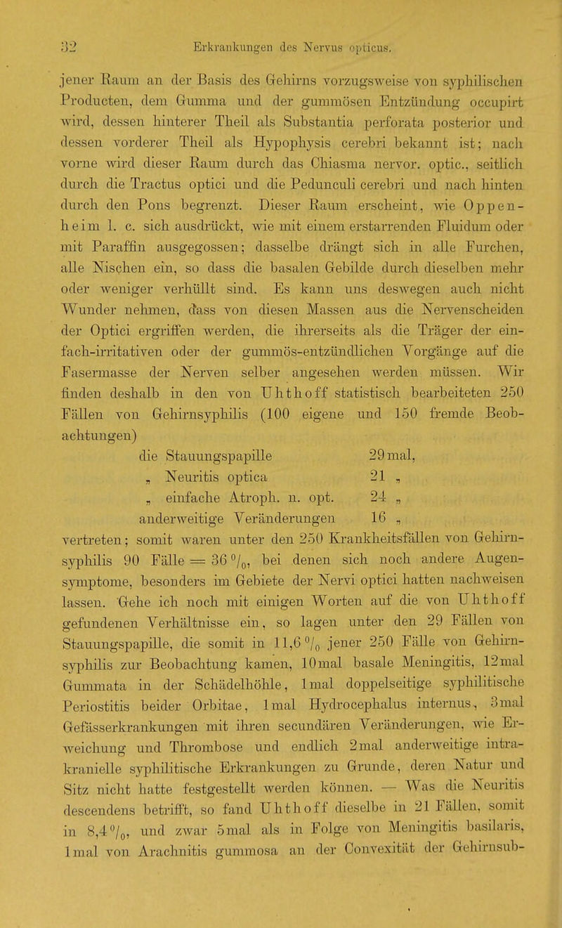 jener Raum an der Basis des Gehirns vorzugsweise von syphilisclien Producten, dem Gmnma und der gummösen Entzündung occupirt wird, dessen hinterer Theil als Substantia perforata posterior und dessen vorderer Theil als Hypophysis cerebri bekannt ist; nacli vorne wird dieser Raum durch das Chiasma nervor. optic, seitlich durch die Tractus optici und die Pedunculi cerebri und nach hinten durch den Pons begrenzt. Dieser Raum erscheint, wie Oppen- heim 1. c. sich ausdrückt, wie mit einem erstarrenden Fluidum oder mit Paraffin ausgegossen; dasselbe drängt sich in alle Furchen, alle Nischen ein, so dass die basalen Gebilde durch dieselben mehr oder weniger verhüllt sind. Es kann uns deswegen auch nicht Wunder nehmen, dass von diesen Massen aus die Nervenscheiden der Optici ergriffen werden, die ihrerseits als die Träger der ein- fach-irritativen oder der gummös-entzündlichen Vorgänge auf die Fasermasse der Nerven selber angesehen werden müssen. Wir finden deshalb in den von Uhthoff statistisch bearbeiteten 250 Fällen von Gehirnsypliilis (100 eigene und 150 fremde Beob- achtungen) die Stauungspapille 29 mal, „ Neuritis optica 21 , „ einfache Atroph, n. opt. 24 „ anderweitige Veränderungen 16 „ vertreten; somit waren unter den 250 Ki-ankheitsfallen von Gehirn- syphilis 90 Fälle = 36 o/q, bei denen sich noch andere Augen- symptome, besonders im Gebiete der Nervi optici hatten nachweisen lassen. Gehe ich noch mit einigen Worten auf die von Uhthoff gefundenen Verhältnisse ein, so lagen unter den 29 Fällen von Stauungspapille, die somit in ll,6o/o jener 250 Fälle von Gehü-n- syphilis zur Beobachtung kamen, lOmal basale Meningitis, 12mal Gummata in der Schädelhölale, Imal doppelseitige syphilitische Periostitis beider Orbitae, Imal Hydrocephalus internus, 3mal Gefässerkrankungen mit ihren secundären Veränderungen, wie Er- weichung und Thrombose und endlich 2mal anderweitige intra- kranielle syphilitische Erkrankungen zu Grunde, deren Natur und Sitz nicht hatte festgestellt werden können. — Was die Neuritis descendens betrifit, so fand Uhthoff dieselbe in 21 Fällen, somit in 8,40/0, und zwar 5mal als in Folge von Meningitis basilaris, Imal von Arachnitis gummosa an der Convexität der Gehirnsub-