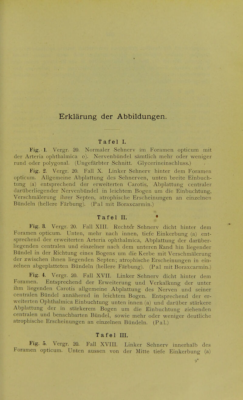 Erklärung der Abbildungen. Tafel I. Fig. 1. Vergr. 20. Normaler Sehnerv im Foramen opticum mit der Arteria ophthalmica o). Nervenbündel sämtlich mehr oder weniger rund oder polygonal. (Ungefärbter Schnitt. Glycerineinschluss.) Fig. 2. Vergr. 20. Fall X. Linker Sehnerv hinter dem Foramen opticum. Allgemeine Abplattung des Sehnerven, unten breite Einbuch- tung (a) entsprechend der erweiterten Carotis, Abplattung centraler darüberliegender Nervenbündel in leichtem Bogen um die Einbuchtung, Verschmälerung ihrer Septen, atrophische Erscheinungen an einzelnen Bündeln (hellere Färbung). (Pal mit Boraxcarmin.) Tafel II. ♦ Fig. 3. Vergr. 20. Fall XIII. Rechter Sehnerv dicht hinter dem Foramen opticum. Unten, mehr nach innen, tiefe Einkerbung (a) ent- sprechend der erweiterten Arteria ophthalmica, Abplattung der darüber- liegenden centralen und einzelner nach dem unteren Rand hin liegender Bündel in der Richtung eines Bogens um die Kerbe mit Verschmälerung der zwischen ihnen liegenden Septen; atrophische Erscheinungen in ein- zelnen abgeplatteten Bündeln (hellere Färbung). (Pal mit Boraxcarmin.) Fig. 4. Vergr. 20. Fall XVII. Linker Sehnerv dicht hinter dem Foramen. Entsprechend der Erweiterung und Verkalkung der unter ihm liegenden Carotis allgemeine Abplattung des Nerven und seiner centralen Bündel annähernd in leichtem Bogen. Entsprechend der er- weiterten Ophthalmica Einbuchtung unten innen (a) und darüber stärkere Abplattung der in stärkerem Bogen um die Einbuchtung ziehenden centralen und benachbarten Bündel, sowie mehr oder weniger deutliche atrophische Erscheinungen an einzelnen Bündeln. (Pal.) Tafel m. Fig. 6. Vergr. 20. Fall XVIII. Linker Sehnerv innerhalb des Foramen opticum. Unten aussen von der Mitte tiefe Einkerbung (a) 9*