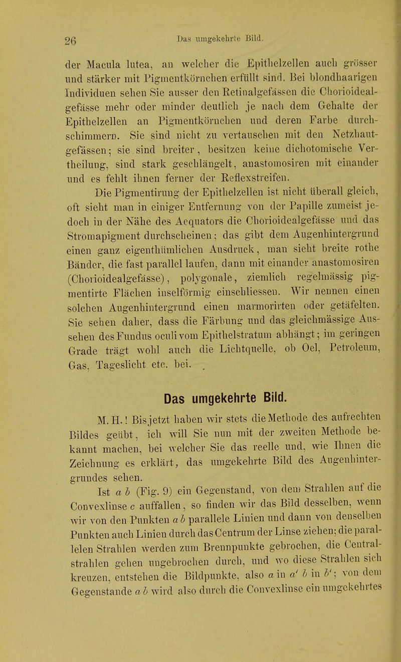 der Macula lutea, an welcher die Epitliclzellen auch grösser und stärker mit rignientkürnchen erfüllt sind. Bei blondhaarigen Individuen sehen Sie ausser den Retinalgefässcn die Chorioideal- gefässe mehr oder minder deutlich je nach dem Gehalte der Epithelzellen an Pigmentköruchen und deren Farbe durch- schimmern. Sie sind nicht '/u vertauschen mit den Netzhaut- gefässen; sie sind breiter , besitzen keine dichotomische Ver- theilung, sind stark geschlängelt, anastomosiren mit einander und es fehlt ihnen ferner der Reflex streifen. Die Pigmentirung der Epithelzellen ist nicht überall gleich, oft sieht man in einiger Entfernung von der Papille zumeist je- doch in der Nähe des Aequators die Chorioidealgefässe und das Stromapigment durchscheinen; das gibt dem Augenhintergrund einen ganz eigenthiimlichen Ausdruck, man sieht breite rothe Bänder, die fast parallel laufen, dann mit einander anastomosiren (Chorioidealgefässe), polygonale, ziemlich regelmässig pig- mentirte Flächen inselförmig einschliessen. Wir nennen einen solchen Augenhintergrund einen marmorirten oder getäfelten. Sie sehen daher, dass die Färbung und das gleichmässige Aus- sehen des Fundus oculi vom Epithelstratum abhängt-, im geringen Grade trägt wohl auch die Lichtquelle, ob Oel, Petroleum, Gas, Tageslicht etc. bei. , Das umgekehrte Bild. M.H.! Bis jetzt haben wir stets die Methode des aufrechten Bildes geübt, ich will Sie nun mit der zweiten Methode be- kannt machen, bei welcher Sie das reelle und, wie Ihnen die Zeichnung es erklärt, das umgekehrte Bild des Augenhinter- grundes sehen. Ist a b (Fig. 9) ein Gegenstand, von deu! Strahlen auf die Convexlinse c auffallen, so finden wir das Bild desselben, wenn wir von den Punkten a h parallele Linien und dann von denselben Punkten auch Linien durch das Centrum der Linse ziehen; die paral- lelen Strahlen werden zum Brennpunkte gebrochen, die Centrai- strahlen gehen ungebrochen durch, und wo diese Strahlen sich kreuzen, entstehen die Bildpunkte, also a in a' h in //; von dem Gegenstande a h wird also durch die Convexlinse ein umgekehrtes