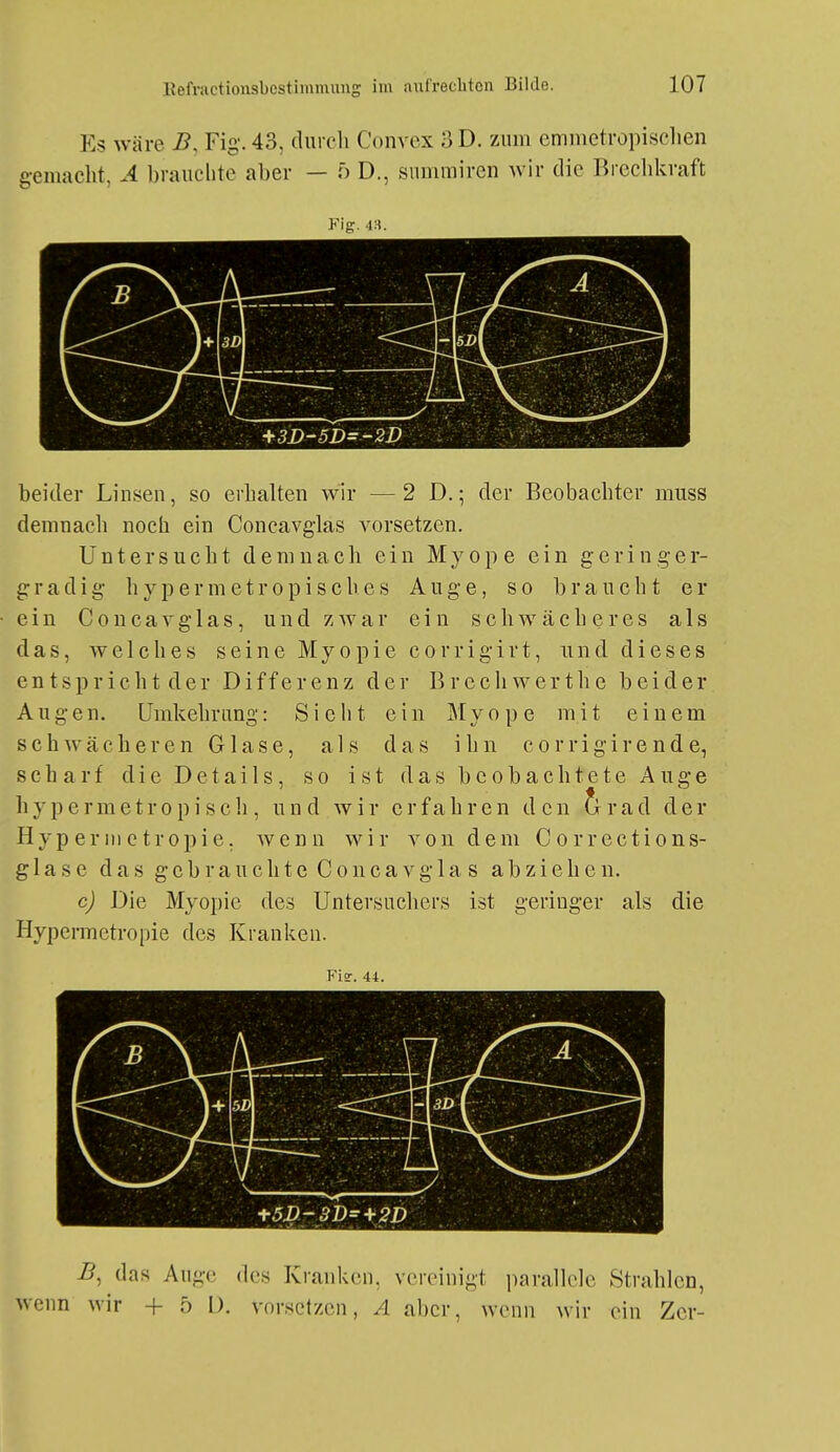 Es wäre i?, Fig. 43, tlurcli Convex 3 D. zum emmctropisclien gemacht, A brauchte aber — 5 D., siimmiren wir die Bicclikraft Fig. 43. +3I>-5D=-2D beider Linsen, so erhalten wir —2 D.; der Beobachter miiss demnach noch ein Concavg-las vorsetzen. Untersucht demnach ein Myope ein geringer- gradig hypermetropisches Auge, so braucht er ein Concavglas, und zwar ein schwächeres als das, welches seine Myopie corrigirt, und dieses e n t s p r i c h t d e r Differenz der B r e c Ii w e r t h e beider Augen. Umkehrimg: Sieht ein Myope mit einem s c h Av ä c h e r e n Glase, als das ihn c o r r i g i r e n d e, scharf die Details, so ist das beobachtete Auge hypermetropisch, und wir erfahren den 5^rad der Hyp er in c tropie, wenn w'w von dem Corrections- glase das geh rauchte Concavglas abziehen. c) Die Myopie des Untersuchers ist geringer als die Hypermctropie des Kranken. Fie. 44. B, das Auge des Kranken, vereinigt parallele Strahlen, wcim wir + 5 D. vorsetzen, A aber, wenn wir ein Zcr-