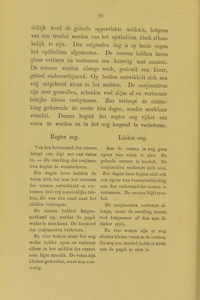 dellijk werd de gelieele oppervlakte melkwit, hetgeen van een troebel worden van het epithelium bleek afhan- kelijk te zijn. Den volgenden dag is op beide oogen het epithelium afgestooten. De corneae hebben haren glans verloren en vertoonen een korrelig mat aanzien. De corneae worden allengs week, geel-wit van kleur, geheel ondoorschijnend. Op beiden ontwikkelt zich een vrij uitgebreid ulcus in het midden. De conjunctivae zijn zeer gezwollen, scheiden veel slijm af en vertoonen talrijke kleine ecchymoses. Zoo verloopt de ontste- king gedurende de eerste tien dagen, zonder merkbaar verschil. Daarna begint het regter oog rijker aan vaten te worden en in het oog loopend te verbeteren. Eegter oog. Linker oog. Van den bovenrand der cornea Aan de cornea is nog geen dringt een digt net van vaten spoor van vaten te zien. De in. — De zwelling der conjunc- gelieele cornea is troebel. De tiva begint te verminderen. conjunctiva verbetert zich niet. Zes dagen later hebben de Zes dagen later begint zich ook vaten zich tot aan het centrum een spoor van vaatontwikkeling der cornea ontwikkeld en ver- aan den onderrand der cornea te toonen drie vrij aanzienlijke tak- vertoonen. De cornea blijft troe- ken, die van den rand naar het bel. midden verloopen. De conjunctiva verbetert al- De cornea heldert langza- lengs, maar de zwelling neemt merhand op, zoodat de pupil veel langzamer af dan aan de weder te zien komt. De toestand linker zijde, der conjunctiva verbetert. Na vier weken zijn er nog Na vier weken staat het oog slechts kleine vaten in de cornea weder helder open en vertoont die nog zoo troebel is,dat er niets alleen in het midden der cornea van de pupil te zien is. eene ligte macula. De vaten zijn kleiner geworden, maar nog aan- wezig.