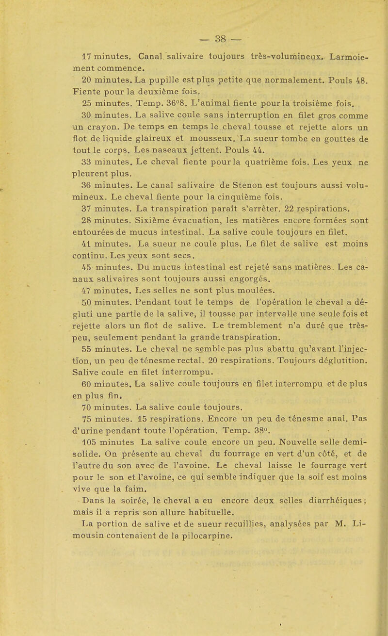 17 minutes. Canal salivaire toujours très-volumineux. Larmoie- ment commence. 20 minutes. La pupille est plus petite que normalement. Pouls 48. Fiente pour la deuxième fois. 25 minutes. Temp. 36°8. L'animal fiente pour la troisième fois, 30 minutes. La salive coule sans interruption en filet gros comme un crayon. De temps en temps le cheval tousse et rejette alors un flot de liquide glaireux et mousseux. La sueur tombe en gouttes de tout le corps. Les naseaux jettent. Pouls 44. 33 minutes. Le cheval fiente pour la quatrième fois. Les yeux ne pleurent plus. 36 minutes. Le canal salivaire de Stenon est toujours aussi volu- mineux. Le cheval fiente pour la cinquième fois. 37 minutes. La transpiration paraît s'arrêter. 22 respirations. 28 minutes. Sixième évacuation, les matières encore formées sont entourées de mucus intestinal. La salive coule toujours en filet. 41 minutes. La sueur ne coule plus. Le filet de salive est moins continu. Les yeux sont secs. 45 minutes. Du mucus intestinal est rejeté sans matières. Les ca- naux salivaires sont toujours aussi engorgés. 47 minutes. Les selles ne sont plus moulées. 50 minutes. Pendant tout le temps de l'opération le cheval a dé- gluti une partie de la salive, il tousse par intervalle une seule fois et rejette alors un flot de salive. Le tremblement n'a duré que très- peu, seulement pendant la grande transpiration. 55 minutes. Le cheval ne semble pas plus abattu qu'avant l'injec- tion, un peu de ténesme rectal. 20 respirations. Toujours déglutition. Salive coule en filet interrompu. 60 minutes. La salive coule toujours en filet interrompu et de plus en plus fin, 70 minutes. La salive coule toujours. 75 minutes. 15 respirations. Encore un peu de ténesme anal. Pas d'urine pendant toute l'opération. Temp. 38°. 105 minutes La salive coule encore un peu. Nouvelle selle demi- solide. On présente au cheval du fourrage en vert d'un côté, et de l'autre du son avec de l'avoine. Le cheval laisse le fourrage vert pour le son et l'avoine, ce qvii semble indiquer que la soif est moins vive que la faim. Dans la soirée, le cheval a eu encore deux selles diarrhéiques ; mais il a repris son allure habituelle. La portion de salive et de sueur recuillies, analysées par M. Li- mousin contenaient de la pilocarpine.