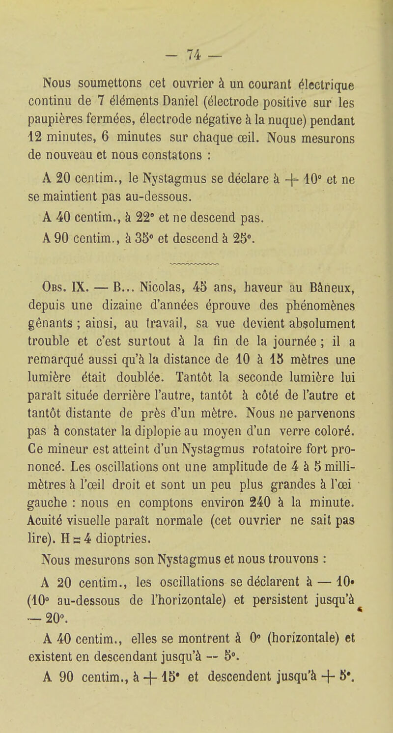 Nous soumettons cet ouvrier à un courant électrique continu de 7 éléments Daniel (électrode positive sur les paupières fermées, électrode négative à la nuque) pendant 12 minutes, 6 minutes sur chaque œil. Nous mesurons de nouveau et nous constatons : A 20 centim., le Nystagmus se déclare a + 10° et ne se maintient pas au-dessous. A 40 centim., à 22° et ne descend pas. A 90 centim., à 35° et descend à 25°. Obs. IX. — B... Nicolas, 45 ans, haveur au Bàneux, depuis une dizaine d'années éprouve des phénomènes gênants ; ainsi, au travail, sa vue devient absolument trouble et c'est surtout à la fin de la journée ; il a remarqué aussi qu'à la distance de 10 à 15 mètres une lumière était doublée. Tantôt la seconde lumière lui paraît située derrière l'autre, tantôt à côté de l'autre et tantôt distante de près d'un mètre. Nous ne parvenons pas à constater la diplopie au moyen d'un verre coloré. Ce mineur est atteint d'un Nystagmus rotatoire fort pro- noncé. Les oscillations ont une amplitude de 4 à 5 milli- mètres à l'œil droit et sont un peu plus grandes à l'œi gauche : nous en comptons environ 240 à la minute. Acuité visuelle paraît normale (cet ouvrier ne sait pas lire). Hk4 dioptries. Nous mesurons son Nystagmus et nous trouvons : A 20 centim., les oscillations se déclarent à — 10» (10° au-dessous de l'horizontale) et persistent jusqu'à — 20°. A 40 centim., elles se montrent à 0° (horizontale) et existent en descendant jusqu'à — 5°. A 90 centim., à -f-15* et descendent jusqu'à + 5*.