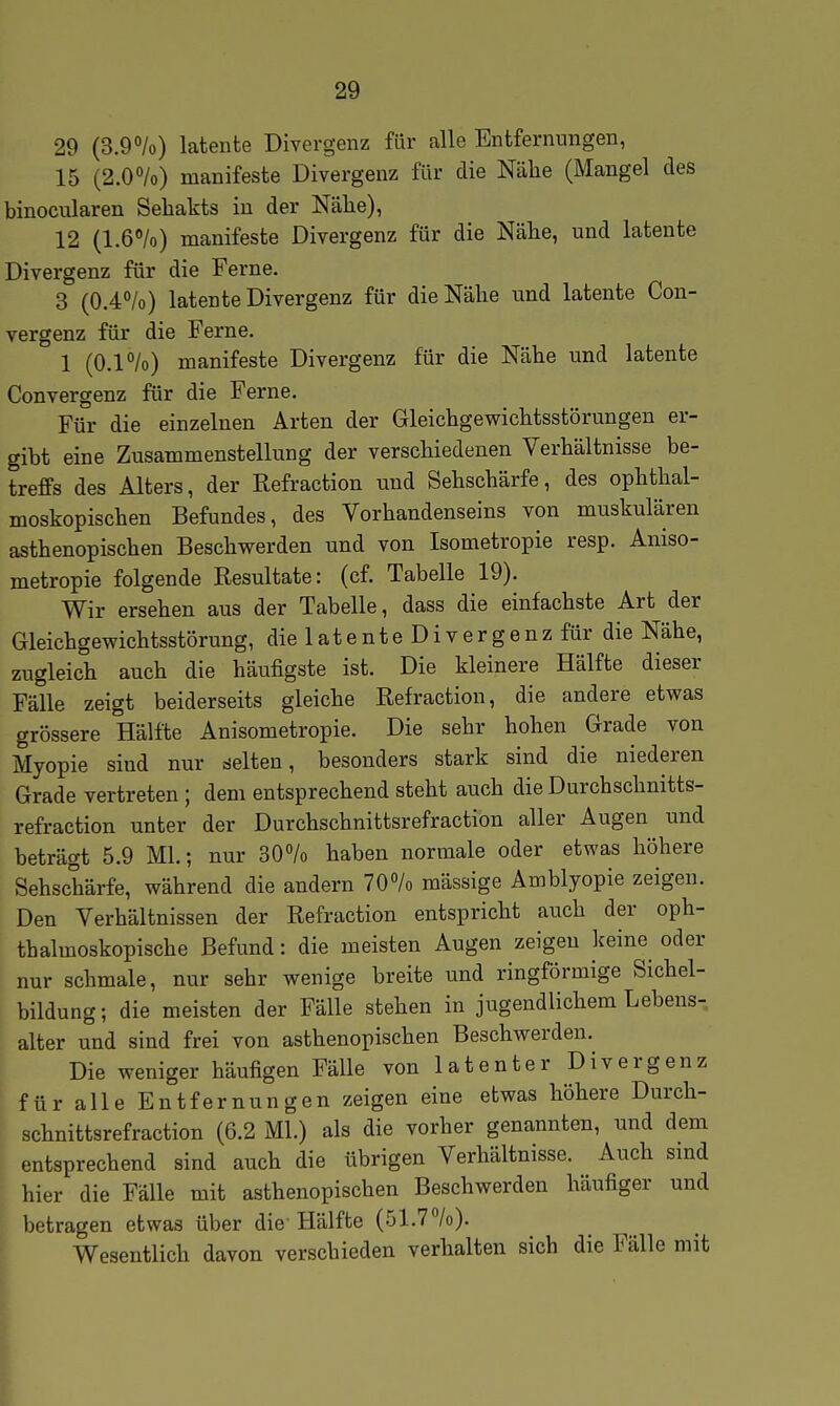 29 (3.9°/o) latente Divergenz für alle Entfernungen, 15 (2.07o) manifeste Divergenz für die Nähe (Mangel des binocularen Sehakts in der Nähe), 12 (1.6%) manifeste Divergenz für die Nähe, und latente Divergenz für die Ferne. 3 (0.4%) latente Divergenz für die Nähe und latente Con- vergenz für die Ferne. 1 (0.1 /o) manifeste Divergenz für die Nähe und latente Convergenz für die Ferne. Für die einzelnen Arten der Gleichgewichtsstörungen er- gibt eine Zusammenstellung der verschiedenen Verhältnisse be- treffs des Alters, der Refraction und Sehschärfe, des ophthal- moskopischen Befundes, des Vorhandenseins von muskulären asthenopischen Beschwerden und von Isometropie resp. Aniso- metropie folgende Resultate: (cf. Tabelle 19). Wir ersehen aus der Tabelle, dass die einfachste Art der Gleichgewichtsstörung, die 1 a t e n t e D i v e r g e n z für die Nähe, zugleich auch die häufigste ist. Die kleinere Hälfte dieser Fälle zeigt beiderseits gleiche Refraction, die andere etwas grössere Hälfte Anisometropie. Die sehr hohen Grade von Myopie sind nur selten, besonders stark sind die niederen Grade vertreten; dem entsprechend steht auch die Durchschnitts- refraction unter der Durchschnittsrefraction aller Augen und beträgt 5.9 ML; nur SO^/o haben normale oder etwas höhere Sehschärfe, während die andern TO^/o mässige Amblyopie zeigen. Den Verhältnissen der Refraction entspricht auch der oph- thalmoskopische Befund: die meisten Augen zeigen keine oder nur schmale, nur sehr wenige breite und ringförmige Sichel- bildung; die meisten der Fälle stehen in jugendlichem Lebens- , alter und sind frei von asthenopischen Beschwerden. Die weniger häufigen Fälle von latenter Divergenz für alle Entfernungen zeigen eine etwas höhere Durch- schnittsrefraction (6.2 Ml.) als die vorher genannten, und dem entsprechend sind auch die übrigen Verhältnisse. Auch smd : hier die Fälle mit asthenopischen Beschwerden häufiger und betragen etwas über die'Hälfte (öl.T^/o). Wesentlich davon verschieden verhalten sich die Fälle mit I