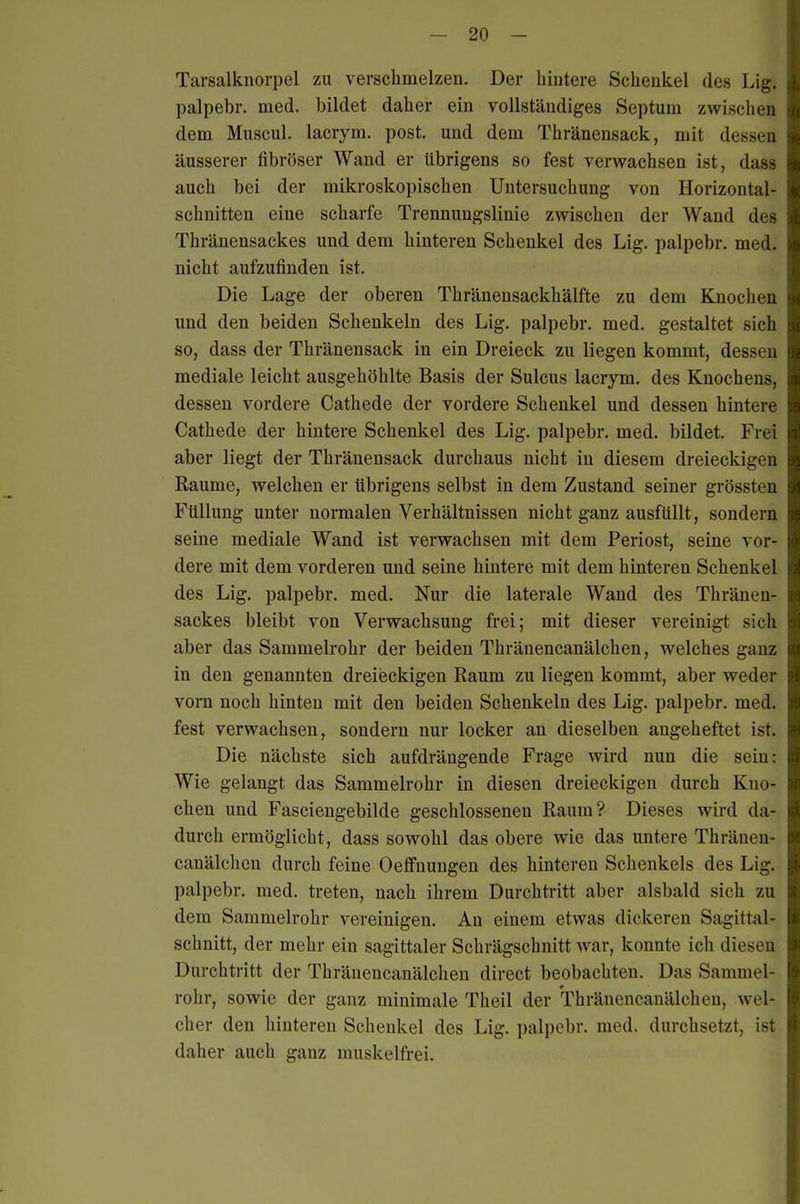 Tarsalknorpel zu verschmelzen. Der hiutere Schenkel des Lig. palpebr. med. bildet daher ein vollständiges Septum zwischen dem Muscul. lacrym. post. und dem Thränensack, mit dessen äusserer fibröser Wand er übrigens so fest verwachsen ist, dass auch bei der mikroskopischen Untersuchung von Horizontal- schnitten eine scharfe Trennungslinie zwischen der Wand des Thränensackes und dem hinteren Schenkel des Lig. palpebr. med. nicht aufzufinden ist. Die Lage der oberen Thränensackhälfte zu dem Knochen und den beiden Schenkeln des Lig. palpebr. med. gestaltet sich so, dass der Thränensack in ein Dreieck zu liegen kommt, dessen mediale leicht ausgehöhlte Basis der Sulcus lacrym. des Knochens, dessen vordere Cathede der vordere Schenkel und dessen hintere Cathede der hintere Schenkel des Lig. palpebr. med. bildet. Frei aber liegt der Thränensack durchaus nicht in diesem dreieckigen Räume, welchen er übrigens selbst in dem Zustand seiner grössten Füllung unter normalen Verhältnissen nicht ganz ausfüllt, sondern seine mediale Wand ist verwachsen mit dem Periost, seine vor- dere mit dem vorderen und seine hintere mit dem hinteren Schenkel des Lig. palpebr. med. Nur die laterale Wand des Thränen- sackes bleibt von Verwachsung frei; mit dieser vereinigt sich aber das Sammelrohr der beiden Thränencauälchen, welches ganz in den genannten dreieckigen Raum zu liegen kommt, aber weder vom noch hinten mit den beiden Schenkeln des Lig. palpebr. med. fest verwachsen, sondern nur locker an dieselben angeheftet ist. Die nächste sich aufdrängende Frage wird nun die sein: Wie gelangt das Sammelrohr in diesen dreieckigen durch Kno- chen und Fasciengebilde geschlossenen Raum? Dieses wird da- durch ermöglicht, dass sowohl das obere wie das untere Thränen- canälcheu durch feine Oeffnungen des hinteren Schenkels des Lig. palpebr. med. treten, nach ihrem Durchtritt aber alsbald sich zu dem Sammelrohr vereinigen. An einem etwas dickeren Sagittal- schnitt, der mehr ein sagittaler Schrägschnitt war, konnte ich diesen Durchtritt der Thränencanälcheu direct beobachten. Das Sammel- rohr, sowie der ganz minimale Theil der Thränencanälcheu, wel- cher den hinteren Schenkel des Lig. palpebr. med. durchsetzt, ist daher auch ganz muskelfrei.