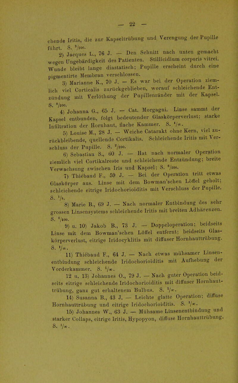 chende Iritis, die zur Kapseltrübung und Verengung der Pupille führt. S. '/200. 2) Jacques L., 76 J. — Den Schnitt nacli unten gemacht wegen Ungebärdigkeit des Patienten. StilUcidium corporis vitrei. Wunde bleibt lauge diastatisch; Pupille erscheint durch eine pigmentirte Membran verschlossen. 3) Marianne K., 70 J. - Es war bei der Operation ziem- lieh viel Corticalis zurückgeblieben, worauf schleichende Ent- zündung mit Verlöthung der Pupillenränder mit der Kapsel. S. 7200. ^. ^ - 4) Johanna G., 65 J. - Cat. Morgagni. Linse sammt der Kapsel entbunden, folgt bedeutender Glaskörperverlust: starke Infiltration der Hornhaut, flache Kammer. S. V=o. 5) Louise M., 28 J. — Weiche Catarakt ohne Kern, viel zu- rückbleibende, quellende Cortikalis. Schleichende Iritis mit Ver- schluss der Pupille. S. 7200. 6) Sebastian S., 60 J. - Hat nach normaler Operation ziemlich viel Cortikalreste und schleichende Entzündung; breite Verwachsung zwischen Iris und Kapsel; S. ^/2W. 7) Thiebaud F., 59 J. — Bei der Operation tritt etwas Glaskörper aus. Linse mit dem Bowman'schen Löffel geholt; schleichende eitrige Iridochorioiditis mit Verschluss der Pupille. S. Vs. 8) Marie B., 69 J. — Nach normaler Entbindung des sehr grossen Linsensystems schleichende Iritis mit breiten Adhärenzen. S. Vsoo. 9) u. 10) Jakob B., 73 J. — Doppeloperation; beidseits Linse mit dem Bowman'schen Löffel entfernt; beidseits Glas- körperverlust, eitrige Iridocj^klitis mit diffuser Hornhauttrübung. S. '/«• 11) Thiebaud F., 64 J. — Nach etwas mühsamer Linsen- entbiudung schleichende Iridochorioiditis mit Aufhebung der Vorderkammer. S. 12 u. 13) Johannes 0., 79 J. — Nach guter Operation beid- seits eitrige schleichende Iridochorioiditis mit diffuser Hornhaut- trübung, ganz gut erhaltenem Bulbus. S. V- 14) Susanna B., 43 J. — Leichte glatte Operation; diffuse Hornhauttrübung und eitrige Iridochorioiditis. S. */• 15) Johannes W., 63 J. — Mühsame Linsenentbindung und starker CoUaps, eitrige Iritis, Hypopyon, diffuse Hornhauttrübung. S. V«.