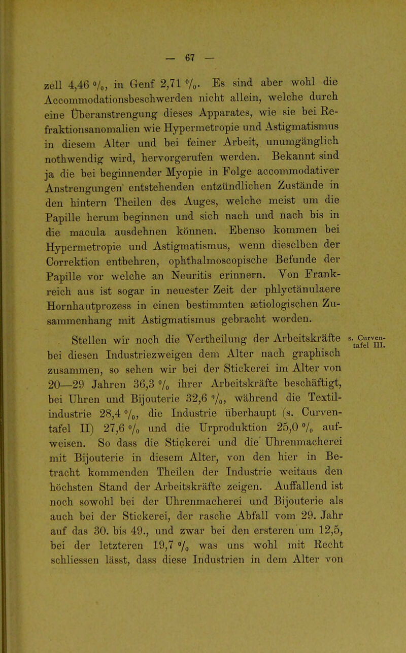 zeU 4,46 o/o, in Grenf 2,71 «/o- Es sind aber wohl die Accommodationsbescliwerdeii nicht allein, welche durch eine Überanstrengung; dieses Apparates, wie sie bei Re- fraktiojisanomalien wie Hypermetropie und Astigmatismus in diesem Alter und bei feiner Arbeit, unumgänglich nothwendig wird, hervorgerufen werden. Bekannt sind ja die bei beginnender Myopie in Folge accommodativer Anstrengungen' entstehenden entzündlichen Zustände in den hintern Theilen des Auges, welche meist um die Papille herum begiimen und sich nach und nach bis in die macula ausdehnen können. Ebenso kommen bei Hypermetropie und Astigmatismus, wenn dieselben der Correktion entbehren, ophthalmoscopische Befunde der Papille vor welche an Neuritis erinnern. Von Frank- reich aus ist sogar in neuester Zeit der phlyctänulaere Hornhautprozess in einen bestimmten getiologischen Zu- sammenhang mit Astigmatismus gebracht worden. Stellen wir noch die Vertheilung der Arbeitskräfte ^-^ Kurven bei diesen Industriezweigen dem Alter nach graphisch zusammen, so sehen wir bei der Stickerei im Alter von 20—29 Jahren 36,3 Vo ^^^er Arbeitskräfte beschäftigt, bei Uhren und Bijouterie 32,6 ''/o> während die Textil- industrie 28,4 Vo, <iie Lidustrie überhaupt (s. Curven- tafel II) 27,6 o/o und die Urproduktion 25,0 /o auf- weisen. So dass die Stickerei und die Uhrenmacherei mit Bijouterie in diesem Alter, von den hier in Be- tracht kommenden Theilen der Industrie weitaus den höchsten Stand der Arbeitskräfte zeigen. Auffallend ist noch sowohl bei der Uhrenmacherei und Bijouterie als auch bei der Stickerei, der rasche Abfall vom 29. Jahr auf das 30. bis 49., und zwar bei den ersteren um 12,5, bei der letzteren 19,7 «/o was uns wohl mit Recht schliessen lässt, dass diese Industrien in dem Alter von