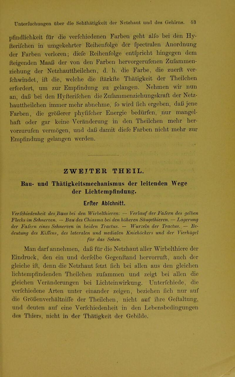 pfindlichkeit für die verfchiedenen Farben geht alfo bei den Hy- fterifchen in umgekehrter Reihenfolge der fpectralen Anordnung der Farben verloren; diefe Reihenfolge entfpricht hingegen dem fteigenden Maaß der von den Farben hervorgerufenen Zufammen- ziehung der Netzhauttheilchen, d. h. die Farbe, die zuerft ver- fchwindet, ift die, welche die ftärkfte Thätigkeit der Theilchen erfordert, um zur Empfindung zu gelangen. Nehmen wir nun an, daß bei den Hyfterifchen die Zufammenziehungskraft der Netz- hauttheilchen immer mehr abnehme, fo wird Pich ergeben, daß jene Farben, die größerer phyfifcher Energie bedürfen, nur mangel- haft oder gar keine Veränderung in den Theilchen mehr her- vorzurufen vermögen, und daß damit diefe Farben nicht mehr zur Empfindung gelangen werden. ZWEITER THEIL. Bau- und Thätigkeitsmechanisnius der leitenden Wege der Lichtempfindung. ErRer Abfchnitt. Verfchiedenheit des Baus bei den Wirbelthier en: — Verlauf der Fafern des gelben Flecks im Sehnerven. — Bau des Chiasma bei den höheren Säugethieren. — Lagerung der Fafern eines Sehnerven in beiden Tractus. — Wurzeln der Tractus. — Be- deutung des Kiffens, des lateralen und medialen Kniehückers und der Vierhügel für das Sehen. Man darf annehmen, daß für die Netzhaut aller Wirbelthiere der Eindruck, den ein und derfelbe Gegenftand hervorruft, auch der gleiche ift, denn die Netzhaut fetzt fich bei allen aus den gleichen lichtempfindenden Theilchen zufammen und zeigt bei allen die gleichen Veränderungen bei Lichteinwirkung. Unterfchiede, die verfchiedene Arten unter einander zeigen, beziehen fich nur auf die Größenverhältniffe der Theilchen, nicht auf ihre Geftaltung, und deuten auf eine Verfchiedenheit in den Lebensbedingungen des Thiers, nicht in der Thätigkeit der Gebilde.