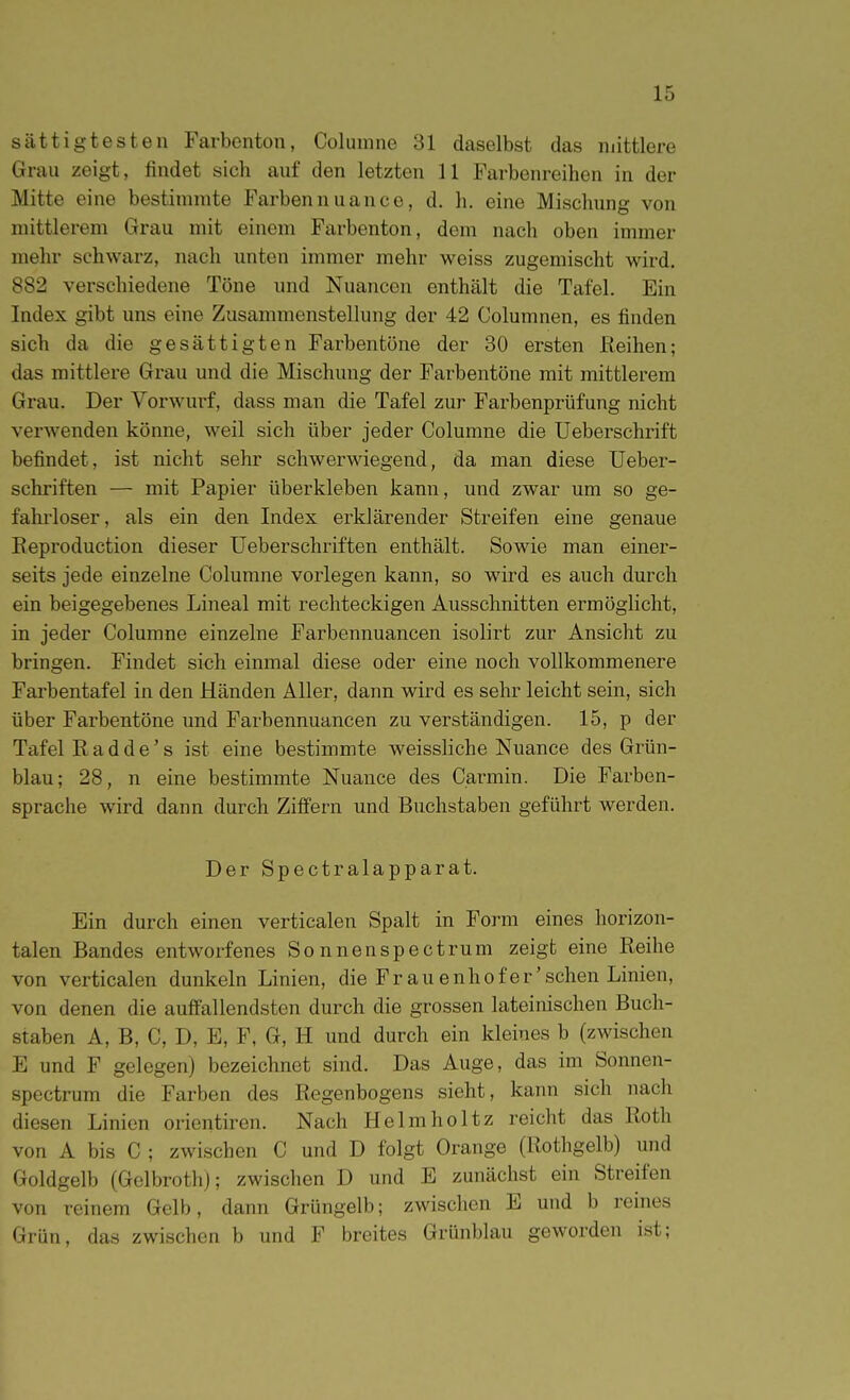 sättigtesten Farbenton, Columne 31 daselbst das mittlere Grau zeigt, findet sich auf den letzten 11 Farbenreihen in der Mitte eine bestimmte Farbennuance, d. h. eine Mischung von mittlerem Grau mit einem Farbenton, dem nach oben immer mehr schwarz, nach unten immer mehr weiss zugemischt wird. 882 verschiedene Töne und Nuancen enthält die Tafel. Ein Index gibt uns eine Zusammenstellung der 42 Columnen, es finden sich da die gesättigten Farbentöne der 30 ersten Reihen; das mittlere Grau und die Mischung der Farbentöne mit mittlerem Grau. Der Vorwurf, dass man die Tafel zur Farbenprüfung nicht verAvenden könne, weil sich über jeder Columne die Ueberschrift befindet, ist nicht sehr schwerwiegend, da man diese Ueber- schriften — mit Papier überkleben kann, und zwar um so ge- fahrloser, als ein den Index erklärender Streifen eine genaue Keproduction dieser üeberschriften enthält. Sowie man einer- seits jede einzelne Columne vorlegen kann, so wird es auch durch ein beigegebenes Lineal mit rechteckigen Ausschnitten ermöglicht, in jeder Columne einzelne Farbennuancen isolirt zur Ansicht zu bringen. Findet sich einmal diese oder eine noch vollkommenere Farbentafel in den Händen Aller, dann wird es sehr leicht sein, sich über Farbentöne und Farbennuancen zu verständigen. 15, p der Tafel R a d d e' s ist eine bestimmte weissliche Nuance des Grün- blau; 28, n eine bestimmte Nuance des Carmin. Die Farben- sprache wird dann durch Ziffern und Buchstaben geführt werden. Der Spectralapparat. Ein durch einen verticalen Spalt in Form eines horizon- talen Bandes entworfenes Sonnenspectrum zeigt eine Reihe von verticalen dunkeln Linien, die Frau enhof er'sehen Linien, von denen die auffallendsten durch die grossen lateinischen Buch- staben A, B, C, D, E, F, G, H und durch ein kleines b (zwischen E und F gelegen) bezeichnet sind. Das Auge, das im Sonnen- spectrum die Farben des Regenbogens sieht, kann sich nach diesen Linien orientiren. Nach Helmholtz reicht das Roth von A bis C ; zwischen C und D folgt Orange (Rothgelb) und Goldgelb (Gelbroth); zwischen D und E zunächst ein Streifen von reinem Gelb, dann Grüngelb; zwischen E und b reines Grün, das zwischen b und F breites Grünblau geworden ist;