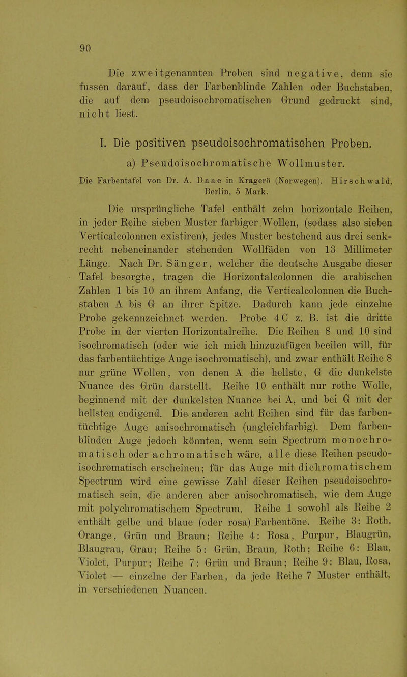 Die zweitgenannten Proben sind negative, denn sie fussen darauf, dass der Farbenblinde Zahlen oder Buchstaben, die auf dem pseudoisochromatischen Grund gedruckt sind, nicht liest. L Die positiven pseudoisoehromatisehen Proben. a) Pseudoisochromatische Wollmuster. Die Farbentafel von Dr. A. Daae in Kragerö (Norwegen). Hirschwald, Berlin, 5 Mark. Die ursprüngliche Tafel enthält zehn horizontale Reihen, in jeder Reihe sieben Muster farbiger Wollen, (sodass also sieben Verticalcolonnen existiren), jedes Muster bestehend aus drei senk- recht nebeneinander stehenden Wollfäden von 13 Millimeter Länge. Nach Dr. Sänger, welcher die deutsche Ausgabe dieser Tafel besorgte, tragen die Horizontalcolonnen die arabischen Zahlen 1 bis 10 an ihrem Anfang, die Verticalcolonnen die Buch- staben A bis G an ihrer Spitze. Dadurch kann jede einzelne Probe gekennzeichnet werden. Probe 4C z. B. ist die dritte Probe in der vierten Horizontalreihe. Die Reihen 8 und 10 sind isochromatisch (oder wie ich mich hinzuzufügen beeilen will, für das farbentüchtige Auge isochromatisch), und zwar enthält Reihe 8 nur grüne Wollen, von denen A die hellste, Gr die dunkelste Nuance des Grün darstellt. Reihe 10 enthält nur rothe Wolle, beginnend mit der dunkelsten Nuance ))ei A, und bei G mit der hellsten endigend. Die anderen acht Reihen sind für das farben- tüchtige Auge anisochromatisch (ungleichfarbig). Dem farben- blinden Auge jedoch könnten, wenn sein Spectrum monochro- matisch oder achromatisch wäre, alle diese Reihen pseudo- isochromatisch erscheinen; für das Auge mit dichromatischem Spectrum wird eine gewisse Zahl dieser Reihen pseudoisochro- matisch sein, die anderen aber anisochromatisch, wie dem Auge mit polychromatischem Spectrum. Reihe 1 sowohl als Reihe 2 enthält gelbe und blaue (oder rosa) Farbentöne. Reihe 3: Roth, Orange, Grün und Braun; Reihe 4: Rosa,. Purpur, Blaugrün, Blaugrau, Grau; Reihe 5: Grün, Braun, Roth: Reihe 6: Blau, Violet, Purpur; Reihe 7: Grün und Braun; Reihe 9: Blau, Rosa, Violet — einzelne der Farben, da jede Reihe 7 Muster enthält, in verschiedenen Nuancen.