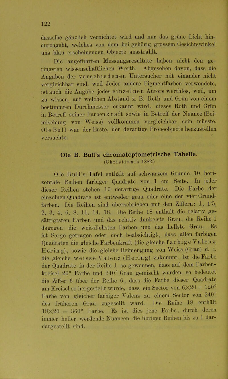 dasselbe gänzlich vernichtet wird und nur das grüne Licht hin- durchgeht, welches von dem bei gehörig grossem Gesichtswinkel uns blau erscheinenden Objecte ausstrahlt. Die angeführten Messungsresultate haben nicht den ge- ringsten wissenschaftlichen Werth. Abgesehen davon, dass die Angaben der verschiedenen Untersucher mit einander nicht vergleichbar sind, weil Jeder andere Pigmentfarben verwendete, ist auch die Angabe jedes einzelnen Autors werthlos, weil, um zu wissen, auf welchen Abstand z. B. Eoth und Grün von einem bestimmten Durchmesser erkannt wird, dieses Roth und Grün in Betreff seiner Farben kraft sowie in Betreff der Nuance (Bei- mischung von Weiss) vollkommen vergleichbar sein müsste. OleBuU war der Erste, der derartige Probeobjecte herzustellen versuchte. Ole B. Bull's chromatoptometrische Tabelle. (Cbristiania 1882.) Ole Bull's Tafel enthält auf schwarzem Grunde 10 hori- zontale Reihen farbiger Quadrate von 1 cm Seite. In jeder dieser Reihen stehen 10 derartige Quadrate. Die Farbe der einzelnen Quadrate ist entweder grau oder eine der vier Grund- farben. Die Reihen sind überschrieben mit den Ziffern: 1, 1'5, 2, 3, 4, 6, 8, 11, 14, 18. Die Reihe 18 enthält die relativ ge- sättigtsten Farben und das relativ dunkelste Grau, die Reihe 1 dagegen die weisslichsten Farben und das hellste Grau. Es ist Sorge getragen oder doch beabsichtigt, dass allen farbigen Quadraten die gleiche Farbenkraft (die gleiche farbigeValenz, Hering), sowie die gleiche Beimengung von Weiss (Grau) d. i. die gleiche weisse Valenz (Hering) zukommt. Ist die Farbe der Quadrate in der Reihe 1 so gewonnen, dass auf dem Farben- kreisel 20*' Farbe und 340'' Grau gemischt wurden, so bedeutet die Ziffer 6 über der Reihe 6, dass die Farbe dieser Quadrate am Kreisel so hergestellt wurde, dass ein Sector von 6X20 = 120*^ Farbe von gleicher farbiger Valenz zu einem Sector von 240 des früheren Grau zugesellt ward. Die Reihe 18 enthält 18X20 = 360'' Farbe. Es ist dies jene Farbe, durch deren immer heller werdende Nuancen die übrigen Reihen bis zu 1 dar- dargestellt sind.