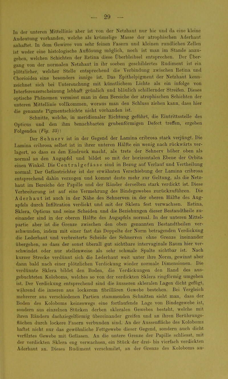 In der unteren Mittellinie aber ist von der Netzhaut nur hie und da eine kleine Andeutung vorhanden, welche als krümelige Masse der atrophischen Aderhaut anhaftet. In dem Gewirre von sehr feinen Fasern und kleinen rundlichen Zellen ist weder eine histologische Auflösung möglich, noch ist man im Stande anzu- geben, welchen Schichten der Retina diese Überbleibsel entsprechen. Der Über- gang von der normalen Netzhaut in ihr soeben geschildertes Rudiment ist ein plötzlicher, welcher Stelle entsprechend die Verbindung zwischen Retina und Chorioidea eine besonders innige ist. Das Epithelpigment der Netzhaut kenn- zeichnet sich bei Untersuchung mit künstlichem Lichte als ein infolge von Interferenzerscheinung lebhaft grünlich und bläulich schillernder Streifen. Dieses optische Phänomen vermisst man in dem Bereiche der atrophischen Schichten der unteren Mittellinie vollkommen, woraus man den Schluss ziehen kann, dass hier die genannte Pigmentschichte nicht vorhanden ist. Schnitte, welche, in meridionaler Richtung geführt, die Eintrittsstelle des Opticus und den ihm benachbarten grubenförmigen Defect treffen, ergeben Folgendes (Fig. 35): Der Sehnerv ist in der Gegend der Lamina cribrosa stark verjüngt. Die Lamina cribrosa selbst ist in ihrer unteren Hälfte ein wenig nach rückwärts ver- lagert, so dass es den Eindruck macht, als trete der Sehnerv höher oben als normal an den Augapfel und bildet so mit der horizontalen Ebene der Orbita einen Winkel. Die Centralgefässe sind in Bezug auf Verlauf und Vertheilung normal. Der Gefässtrichter ist der erwähnten Verschiebung der Lamina cribrosa entsprechend dahin verzogen und kommt desto mehr zur Geltung, als die Netz- haut im Bereiche der Papille nnd der Ränder derselben stark verdickt ist. Diese Verbreiterung ist auf eine Vermehrung des Bindegewebes zurückzuführen. Die A d e r h a u t ist auch in der Nähe des Sehnerven in der oberen Hälfte des Aug- apfels durch Infiltration verdickt und mit der Sklera fest verwachsen. Retina. Sklera. Opticus und seine Scheiden und die Beziehungen dieser Bestandtheile zu- einander sind in der oberen Hälfte des Augapfels normal. In der unteren Mittel- partie aber ist die Grenze zwischen den oben genannten Bestandteilen ver- schwunden, indem mit einer fast das Doppelte der Norm betragenden Verdickung die Lederhaut und verbreiterte Scheide des Sehnerven ohne Grenze ineinander übergehen, so dass der sonst überall gut sichtbare intervaginale Raum hier ver- schwindet oder nur stellenweise als sehr schmale Spalte sichtbar ist. Nach kurzer Strecke verdünnt sich die Lederhaut weit unter ihre Norm, gewinnt aber dann bald nach einer plötzlichen Verdickung wieder normale Dimensionen. Die verdünnte Sklera bildet den Boden, die Verdickungen den Rand des aus- gebuchteten Koloboms, welches so von der verdickten Sklera ringförmig umgeben ist. Der Verdickung entsprechend sind die äusseren skleralen Lagen dicht gefügt, während die inneren aus lockerem fibrillären Gewebe bestehen. Bei Vergleich mehrerer aus verschiedenen Partien stammenden Schnitten sieht man, dass der Boden des Koloboms keineswegs eine fortlaufende Lage von Bindegewebe ist, sondern aus einzelnen Stücken derben skleralen Gewebes besteht, welche mit ihren Rändern dachziegelfürmig übereinander greifen und an ihren Berührungs- flächen durch lockere Fasern verbunden sind. An der Aussenfläche des Koloboms haftet nicht nur das gewöhnliche Fettgewebe dieser Gegend, sondern auch dicht verfilztes Gewebe mit Gefässen. An die untere Grenze der Papille schliesst, mit der verdickten Sklera eng vei-wachsen, ein Stück der drei- bis vierfach verdickten Aderhaut an. Dieses Rudiment verschmilzt, an der Grenze des Koloboms an-