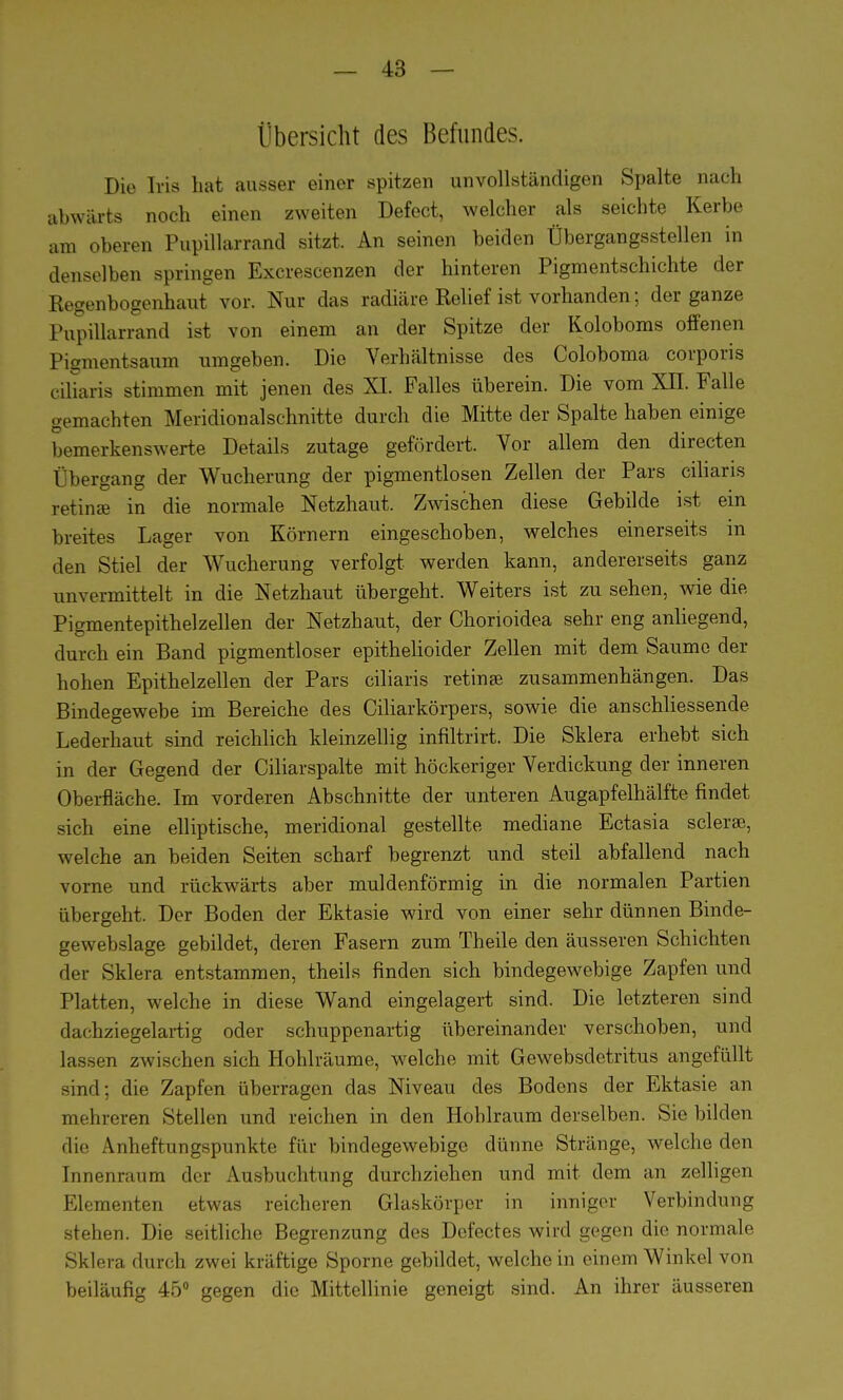 Übersicht des Befundes. Die Iris hat ausser einer spitzen unvollständigen Spalte nach abwärts noch einen zweiten Defect, welcher als seichte Kerbe am oberen Pupillarrand sitzt. An seinen beiden Übergangsstellen in denselben springen Excrescenzen der hinteren Pigmentschichte der Regenbogenhaut vor. Nur das radiäre Relief ist vorhanden; der ganze Pupillarrand ist von einem an der Spitze der Koloboms offenen Pigmentsaum umgeben. Die Verhältnisse des Coloboma corporis ciliaris stimmen mit jenen des XI. Falles überein. Die vom XII. Falle gemachten Meridionalschnitte durch die Mitte der Spalte haben einige bemerkenswerte Details zutage gefördert. Vor allem den directen Übergang der Wucherung der pigmentlosen Zellen der Pars ciliaris retinae in die normale Netzhaut. Zwischen diese Gebilde ist ein breites Lager von Körnern eingeschoben, welches einerseits m den Stiel der Wucherung verfolgt werden kann, andererseits ganz unvermittelt in die Netzhaut übergeht. Weiters ist zu sehen, wie die Pigmentepithelzellen der Netzhaut, der Chorioidea sehr eng anliegend, durch ein Band pigmentloser epithelioider Zellen mit dem Saume der hohen Epithelzellen der Pars ciliaris retinae zusammenhängen. Das Bindegewebe im Bereiche des Ciliarkörpers, sowie die anschliessende Lederhaut sind reichlich kleinzellig infiltrirt. Die Sklera erhebt sich in der Gegend der Ciliarspalte mit höckeriger Verdickung der inneren Oberfläche. Im vorderen Abschnitte der unteren Augapfelhälfte findet sich eine elliptische, meridional gestellte mediane Ectasia sclerae, welche an beiden Seiten scharf begrenzt und steil abfallend nach vorne und rückwärts aber muldenförmig in die normalen Partien übergeht. Der Boden der Ektasie wird von einer sehr dünnen Binde- gewebslage gebildet, deren Fasern zum Theile den äusseren Schichten der Sklera entstammen, theils finden sich bindegewebige Zapfen und Platten, welche in diese Wand eingelagert sind. Die letzteren sind dachziegelartig oder schuppenartig übereinander verschoben, und lassen zwischen sich Hohlräume, welche mit Gewebsdetritus angefüllt sind; die Zapfen überragen das Niveau des Bodens der Ektasie an mehreren Stellen und reichen in den Hohlraum derselben. Sie bilden die Anheftungspunkte für bindegewebige dünne Stränge, welche den Innenraum der Ausbuchtung durchziehen und mit dem an zelligen Elementen etwas reicheren Glaskörper in inniger Verbindung stehen. Die seitliche Begrenzung des Defectes wird gegen die normale Sklera durch zwei kräftige Sporne gebildet, weichein einem Winkel von beiläufig 45° gegen die Mittellinie geneigt sind. An ihrer äusseren