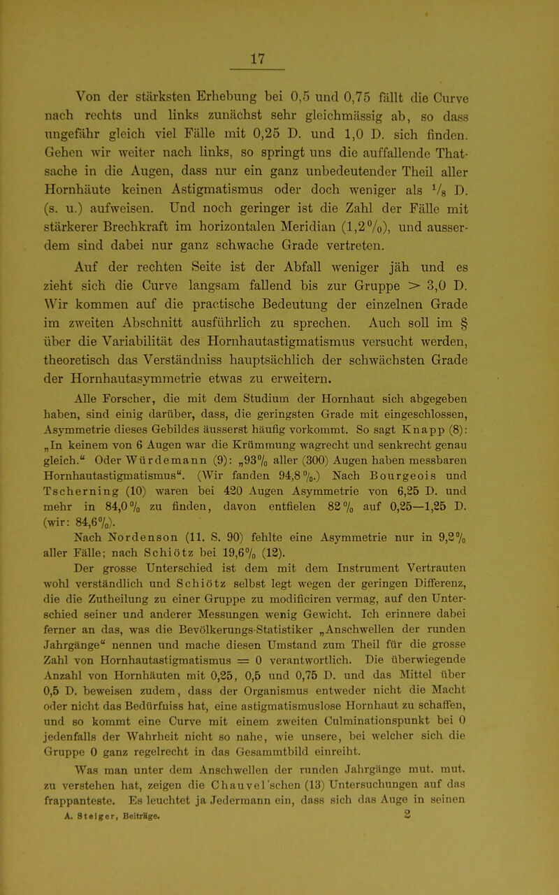Von der stärksten Erhebung bei 0,5 und 0,75 fällt die Curve nach rechts und links zunächst sehr gleichmässig ab, so dass ungefähr gleich viel Fälle mit 0,25 D. und 1,0 D. sich finden. Gehen wir weiter nach links, so springt uns die auffallende That- Sache in die Augen, dass nur ein ganz unbedeutender Theil aller Hornhäute keinen Astigmatismus oder doch weniger als D- (s. u.) aufweisen. Und noch geringer ist die Zahl der Fälle mit stärkerer Brechkraft im horizontalen Meridian (1,2%), und ausser- dem sind dabei nur ganz schwache Grade vertreten. Auf der rechten Seite ist der Abfall weniger jäh und es zieht sich die Curve langsam fallend bis zur Gruppe > 3,0 D. Wir kommen auf die practische Bedeutung der einzelnen Grade im zweiten Abschnitt ausführlich zu sprechen. Auch soll im § über die Variabilität des Hornhautastigmatismus versucht werden, theoretisch das Verständniss hauptsächlich der schwächsten Grade der Hornhautasymraetrie etwas zu erweitern. Alle Forscher, die mit dem Studium der Hornhaut sich abgegeben haben, sind einig darüber, dass, die geringsten Grade mit eingeschlossen, Asymmetrie dieses Gebildes äusserst häufig vorkommt. So sagt Knapp (8): „In keinem von 6 Augen war die Krümmung wagrecht und senkrecht genau gleich. Oder Würdemann (9): „937o aller (300) Augen haben messbaren Horuhautastigmatismus. (Wir fanden 94,8%.) Nach Bourgeois und Tscherning (10) waren bei 420 Augen Asymmetrie von 6,25 D. und mehr in 84,07o zu finden, davon entfielen 827o auf 0,25—1,25 D. (wir: 84,67o). Nach Nordenson (11. S. 90) fehlte eine Asymmetrie nur in 9,27o aller Fälle; nach Schiötz bei 19,67o (12). Der grosse Unterschied ist dem mit dem Instrument Vertrauten wohl verständlich und Schiötz selbst legt wegen der geringen Differenz, die die Zutheilung zu einer Gruppe zu modificiren vermag, auf den Unter- schied seiner und anderer Messungen wenig Gewicht. Ich erinnere dabei ferner an das, was die Bevölkerungs-Statistiker „Anschwellen der runden Jahrgänge nennen und mache diesen Umstand zum Theil für die grosse Zahl von Homhautastigraatismus = 0 verantwortlich. Die überwiegende Anzahl von Hornhäuten mit 0,25, 0,5 und 0,75 D. und das Mittel über 0,5 D. beweisen zudem, dass der Organismus entweder nicht die Macht oder nicht das Bedürfuiss hat, eine astigmatismuslose Hornhaut zu schaffen, und so kommt eine Curve mit einem zweiten Culminationspunkt bei 0 jedenfalls der Wahrheit nicht so nahe, wie unsere, bei welcher sich die Gruppe 0 ganz regelrecht in das Gesammtbild einreiht. Was man unter dem Anschwellen der runden Jahrgänge mut. mut. zu verstehen hat, zeigen die Chauvel'schen (13) Untersuchungen auf das frappanteste. Es leuchtet ja Jedermann ein, dass sich das Auge in seinen A. staiger, Beitrüge. 2