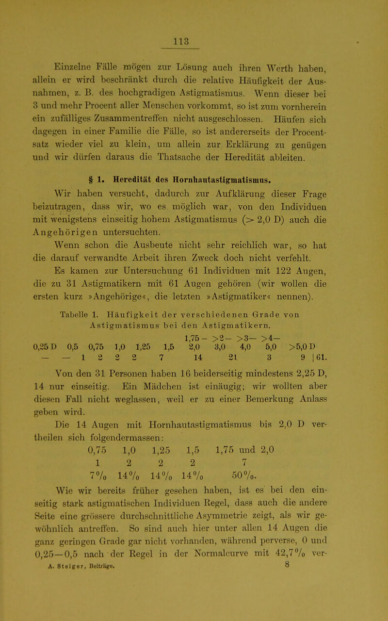 Einzelne Fälle mögen zur Lösung auch ihren Werth haben, allein er wird beschränkt durch die relative Häufigkeit der Aus- nahmen, z. B. des hochgradigen Astigmatismus. Wenn dieser bei 3 und mehr Procent aller Menschen vorkommt, so ist zum vornherein ein zufälliges Zusammentreffen nicht ausgeschlossen. Häufen sich dagegen in einer Familie die Fälle, so ist andererseits der Procent- satz wieder viel zu klein, um allein zur Erklärung zu genügen und wir dürfen daraus die Thatsache der Heredität ableiten. § 1. Heredität des Hornliantastigmatisrnns. Wir haben versucht, dadurch zur Aufklärung dieser Frage beizutragen, dass wir, wo es möglich war, von den Individuen mit wenigstens einseitig hohem Astigmatismus (> 2,0 D) auch die Angehörigen untersuchten. Wenn schon die Ausbeute nicht sehr reichlich war, so hat die darauf verwandte Arbeit ihren Zweck doch nicht verfehlt. Es kamen zur Untersuchung 61 Individuen mit 122 Augen, die zu 31 Astigmatikern mit 61 Augen gehören (wir wollen die ersten kurz »Angehörige«, die letzten »Astigmatiker« nennen). Tabelle 1. Häufigkeit der verschiedenen Grade von Astigmatismus bei den Astigmatikern. 1,75- >2- >3- >4- 0,25 D 0,5 0,75 1,0 1,25 1,5 2,0 3,0 4,0 5,0 >5,0D - — 1 2 2 2 7 14 21 3 9 161. Von den 31 Personen haben 16 beiderseitig mindestens 2,25 D, 14 nur einseitig. Ein Mädchen ist einäugig; wir wollten aber diesen Fall nicht weglassen, weil er zu einer Bemerkung Anlass geben wird. Die 14 Augen mit Hornhautastigmatismus bis 2,0 D ver- theilen sich folgendermassen : 0,75 1,0 1,25 1,5 1,75 und 2,0 1 2 2 2 7 7% 147o 14% 147o 50%. Wie wir bereits früher gesehen haben, ist es bei den ein- seitig stark astigmatischen Individuen Regel, dass auch die andere Seite eine grössere durchschnittliche Asymmetrie zeigt, als wir ge- wöhnlich antreffen. So sind auch hier unter allen 14 Augen die ganz geringen Grade gar nicht vorhanden, während perverse, 0 und 0,25—0,5 nach der Regel in der Normalcurve mit 42,7% ver- A. Stelger, Deitrüge. 8