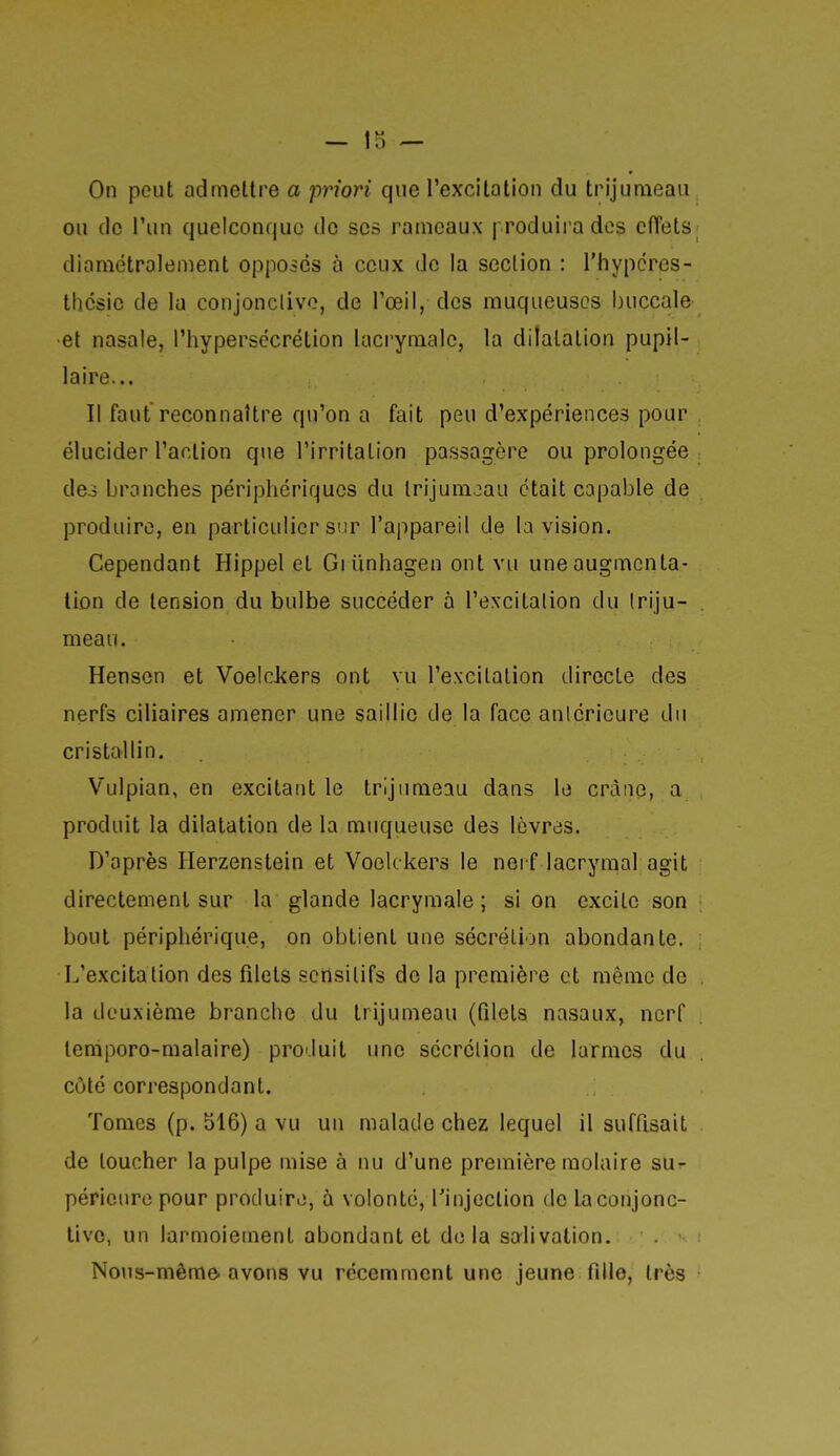 — iri — On peut admettre a priori que l'excitation du trijumeau ou de l'un quelconque de ses rameaux j roduii a des effets; diamétralement opposés à ceux de la section : l'hypcres- thcsie de lu conjonctive, de l'œil, des muqueuses buccale •et nasale, l'hypersécrétion lacrymale, la dilatation pupil- laire... Il faut reconnaître qu'on a fait peu d'expériences pour élucider l'action que l'irritation passagère ou prolongée des branches périphériques du Irijunuau était capable de produire, en particulier sur l'appareil de la vision. Cependant Hippel et Giunhagen ont vu une augmenta- tion de tension du bulbe succéder à l'excitalion du triju- meau. Hensen et Voeickers ont vu l'excitation directe des nerfs ciliaires amener une saillie de la face antérieure du cristallin. Vulpian, en excitant le trijumeau dans le cràtio, a produit la dilatation de la muqueuse des lèvres. D'après Herzenstein et Voeickers le nei f lacrymal agit directement sur la glande lacrymale ; si on excite son bout périphérique, on obtient une sécrétion abondante. L'excitation des filets scnsilifs de la première et même de la deuxième branche du trijumeau (filets nasaux, nerf lemporo-malaire) produit une sécrétion de larmes du côté correspondant. Tomes (p. 516) a vu un malade chez lequel il suffisait de loucher la pulpe mise à nu d'une première molaire su^- périeure pour produire, à volonté, Tinjeclion de laconjonc- livc, un larmoiement abondant et delà sa-livation. Nons-même- avons vu récemment une jeune fille, très