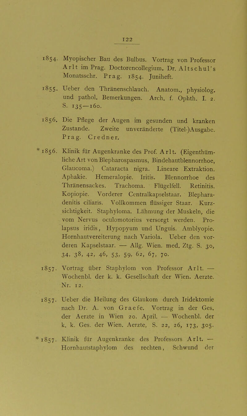 i854- Myopischer Bau des Bulbus. Vortrag von Professor Arlt im Prag. Doctorencollegium. Dr. Alt schul's Monatsschr. Prag. 1854. Juniheft. 1855, Ueber den Thränenschlauch. Anatom., physiolog. und pathol. Bemerkungen. Arch. f. Ophth. I. 2. S. 135 — 160. 1856. Die Pflege der Augen im gesunden und kranken Zustande. Zweite unveränderte (Titel-)Ausgabe. Prag. C r e d n e r. 1856. Klinik für Augenkranke des Prof. Arlt. (Eigenthüm- liche Art von Blepharospasmus, Bindehautblennorrhoe, Glaucoma.) Cataracta nigra. Lineare Extraktion. Aphakie. Hemeralopie. Iritis. Blennorrhoe des Thränensackes. Trachoma. Flügelfell. Retinitis. Kopiopie. Vorderer Centralkapselstaar. Blephara- denitis ciHaris. Vollkommen flüssiger Staar. Kurz- sichtigkeit. Staphyloma. Lähmung der Muskeln, die vom Nervus oculomotorius versorgt werden. Pro- lapsus iridis, Hypopyum und Unguis. Amblyopie. Hornhautvereiterung nach Variola. Ueber den vor- deren Kapselstaar. — Allg. Wien. med. Ztg. S. 30, 34, 38, 42, 46, 53, 59' 62, 67, 70. 1857. Vortrag über Staphylom von Professor Arlt. — Wochenbl. der k. k. Gesellschaft der Wien. Aerzte. Nr. 12. 1857. Ueber die Heilung des Glaukom durch Iridektomie nach Dr. A. von Graefe. Vortrag in der Ges. der Aerzte in Wien 20. April. — Wochenbl. der k, k. Ges. der Wien, Aerzte, S. 22, 26, 173, 305. 1857. Klinik für Augenkranke des Professors Arlt. — Hornhautstaphylom des rechten, Schwund der