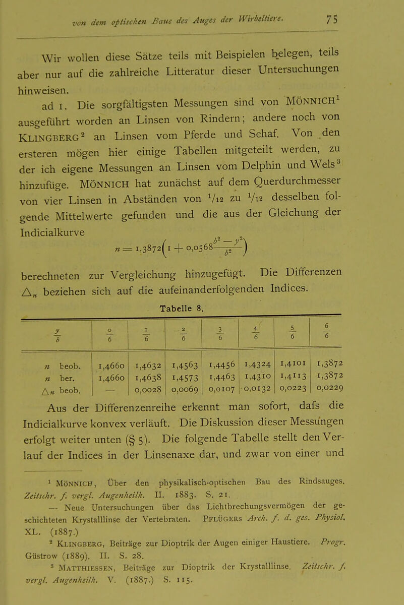 Wir wollen diese Sätze teils mit Beispielen belegen, teils aber nur auf die zahlreiche Litteratur dieser Untersuchungen hinweisen. ad I. Die sorgfältigsten Messungen sind von MÖNNICH^ ausgeführt worden an Linsen von Rindern; andere noch von Klingberg 2 an Linsen vom Pferde und Schaf Von den ersteren mögen hier einige Tabellen mitgeteilt werden, zu der ich eigene Messungen an Linsen vom Delphin und Wels^ hinzufüge. MÖNNICH hat zunächst auf dem Querdurchmesser von vier Linsen in Abständen von V12 zu ^In desselben fol- gende Mittelwerte gefunden und die aus der Gleichung der Indicialkurve n = 1,3872(1 + 0.0568^-^^) berechneten zur Vergleichung hinzugefügt. Die Differenzen A„ beziehen sich auf die aufeinanderfolgenden Indices. Tabelle 8. y 0 I 2 _3_ 4 5 6 b 6 6 6 6 n beob. 1,4660 1,4632 1,4563 1,4456 1,4324 1,4101 1,3872 n ber. 1,4660 1,4638 1.4573 1,4463 1,4310 1,4113 1,3872 A» beob. 0,0028 0,0069 0,0107 •0,0132 0,0223 0,0229 Aus der Dififerenzenreihe erkennt man sofort, dafs die Indicialkurve konvex verläuft. Die Diskussion dieser Messungen erfolgt weiter unten (§ 5). Die folgende Tabelle stellt den Ver- lauf der Indices in der Linsenaxe dar, und zwar von einer und 1 MöNNICH, Über den physikalisch-optischen Bau des Rindsauges. Zeitsihr. f. vergl. Augenheilk. II. 1883. S. 21. — Neue Untersuchungen über das Lichtbrechungsvermögen der ge- schichteten KrystaUlinse der Vertebralen. Pflügers Arch. f. d. ges. P/tysiol. XL. (1887.) * Klingberg, Beiträge zur Dioptrik der Augen einiger Haustiere. Progr. Güstrow (1889). II. S. 28.  Matthiessen, Beiträge zur Dioptrik der KrystaUlinse. Zeitschr. f. vergl. Augenheilk. V. (1887.) S. 115.