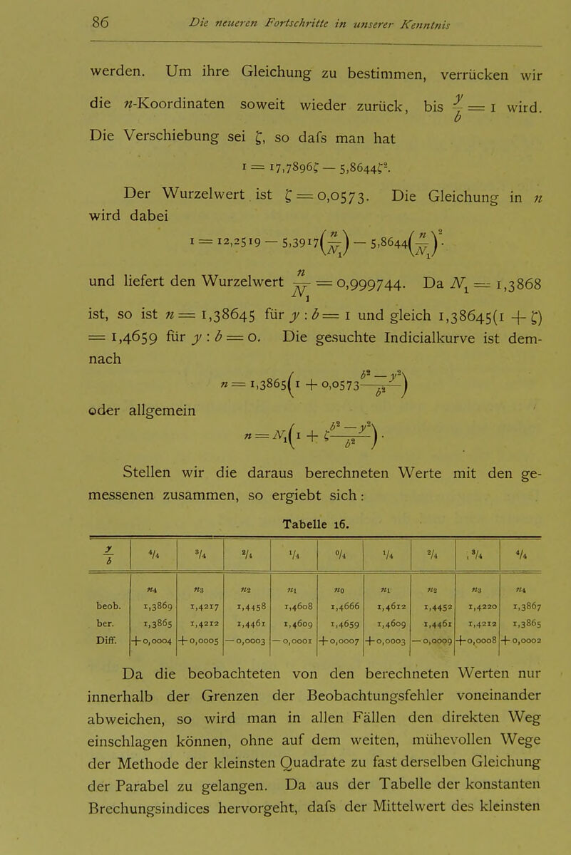 werden. Um ihre Gleichung zu bestimmen, verrücken wir die ^^-Koordinaten soweit wieder zurück, bis - = i wird b Die Verschiebung sei ^, so dafs man hat 1 = 17,7896?-5,8644c-. Der Wurzelwert. ist ^ = 0,0573. Die Gleichung in n wird dabei I = 12,2519 - S,39r7(^J - S,8644(^J- und liefert den Wurzelwert ~ = 0,999744. Da — 1,3868 ist, so ist n=. 1,38645 i\ix y:b= i und gleich 1,38645(1 -(-^) = 1,4659 {yix y: b — o. Die gesuchte Indicialkurve ist dem- nach «=1,3865 I -f 0,0573 oder allgemein Stellen wir die daraus berechneten Werte mit den ge- messenen zusammen, so ergiebt sich: Tabelle 16. y b ^/4 '/4 '/4 V4 V4 ,»/4 «4 «3 «2 «1 KO «l «2 «3 «1 beob. 1,3869 1,4217 1,4458 1,4608 1,4666 1,4612 1,4452 1,4220 1,3867 ber. 1,3865 1,4212 1,4461 1,4609 1,4659 1,4609 1,4461 1,4212 1,3865 Diff. + 0,0004 -f-0,0005 — 0,0003 — 0,0001 + 0,0007 -(-0,0003 0,0009 4-0,0008 ■\- 0,0002 Da die beobachteten von den berechneten Werten nur innerhalb der Grenzen der Beobachtungsfehler voneinander abweichen, so wird man in allen Fällen den direkten Weg einschlagen können, ohne auf dem weiten, mühevollen Wege der Methode der kleinsten Quadrate zu fast derselben Gleichung der Parabel zu gelangen. Da aus der Tabelle der konstanten Brechungsindices hervorgeht, dafs der Mittelwert des kleinsten